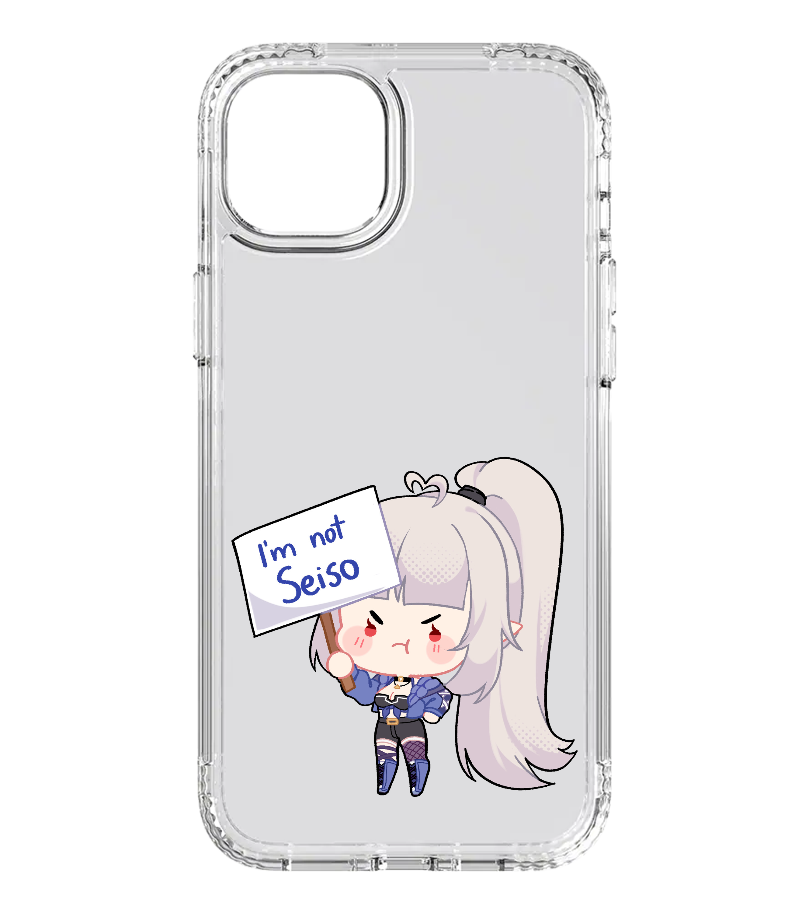 Transparente Handyhülle mit süßem Chibi-Anime-Girl, das ein „I’m not Seiso“-Schild hält – witziges und auffälliges Accessoire für Otakus -Fans.