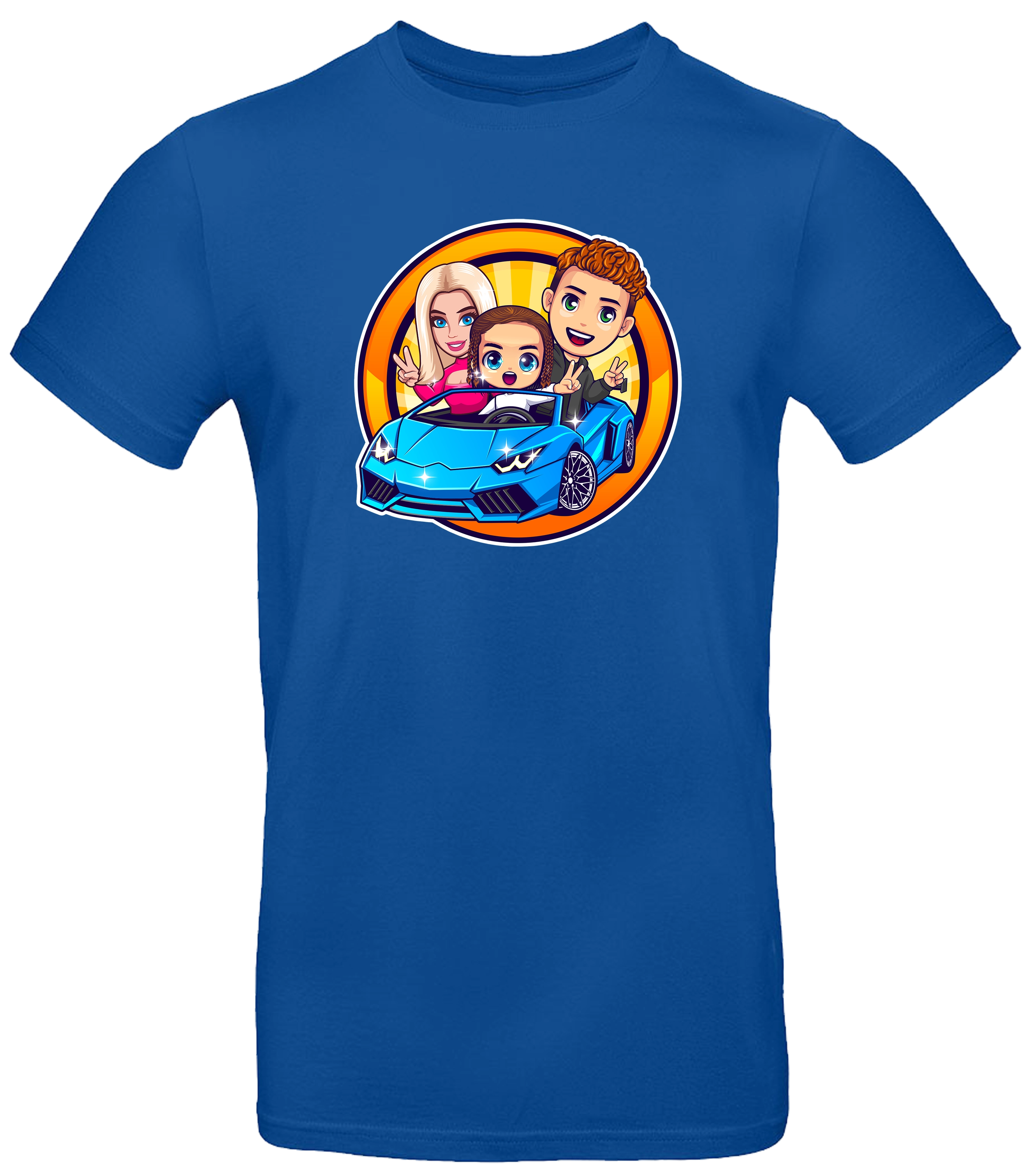 Blaues T-Shirt mit buntem Comic-Motiv: drei Charaktere in einem blauen Sportwagen auf orangem Hintergrund