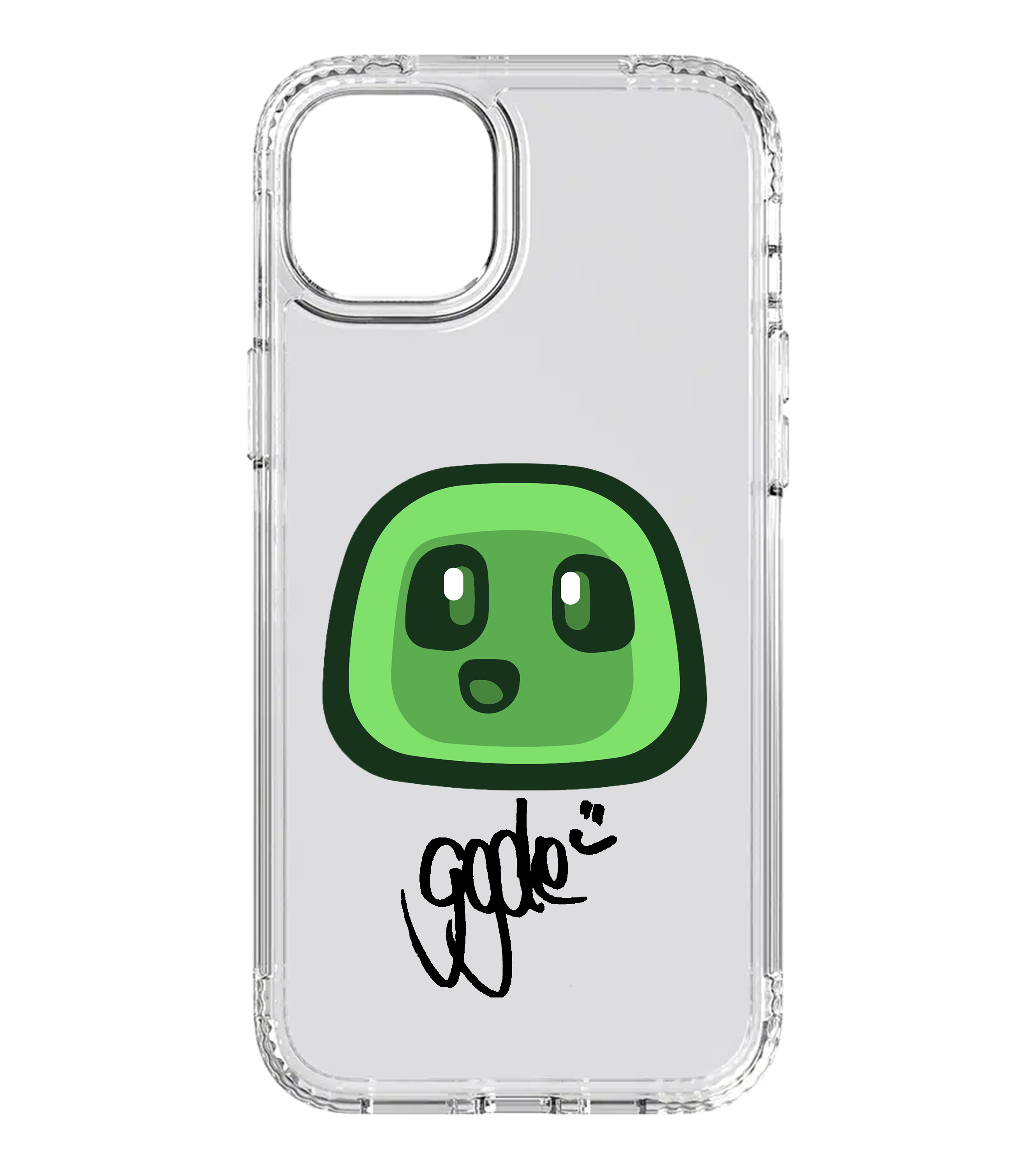Transparente Handyhülle mit grünem Slime-Emoji und GamingGuides-Autogramm – süßes Design für Minecraft- und Gaming-Fans.