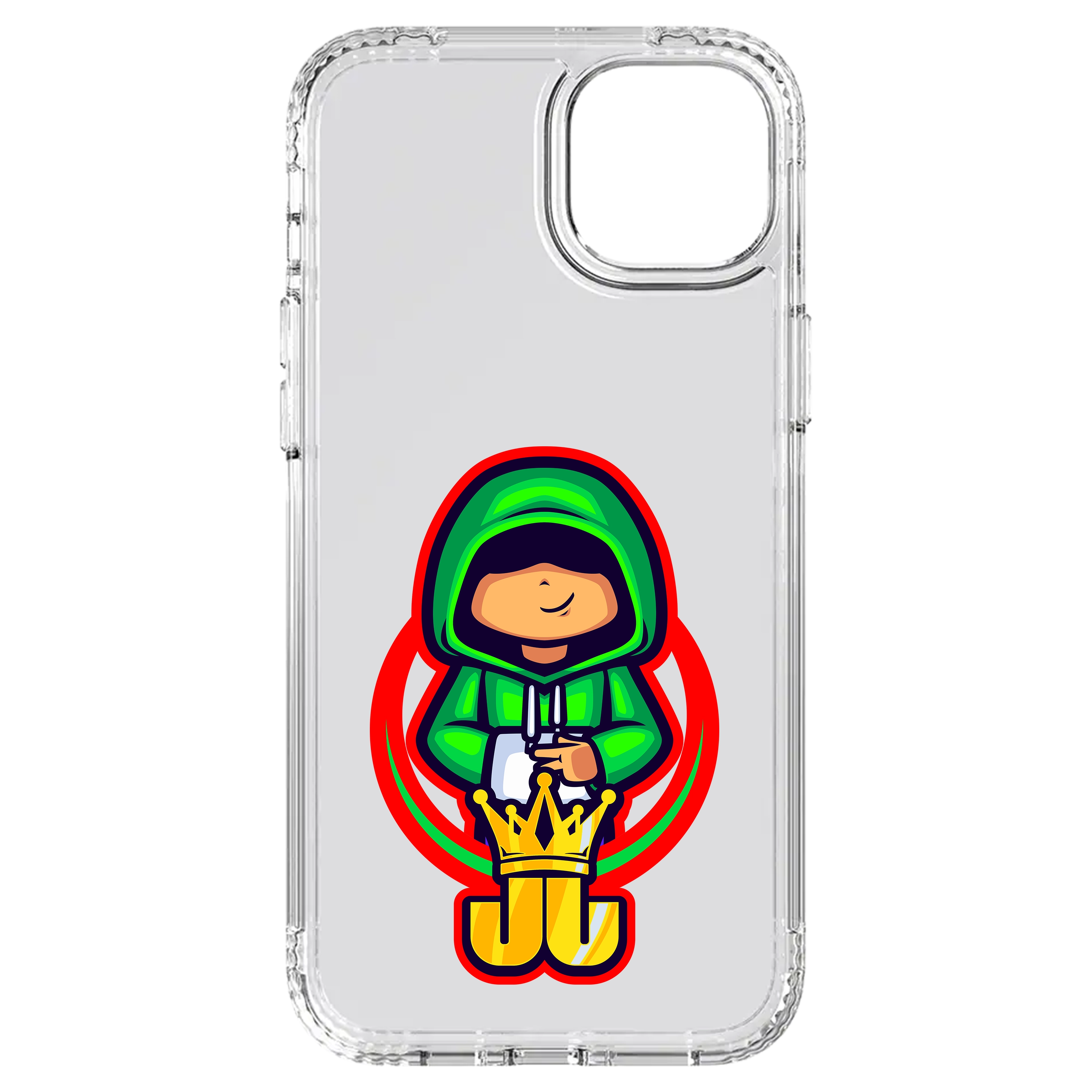 Transparente Jo Jonas Handyhülle mit grünem Hoodie-Charakter, gelber Krone und rotem Kreis – stylisches Fan-Design mit Gaming-Flair.