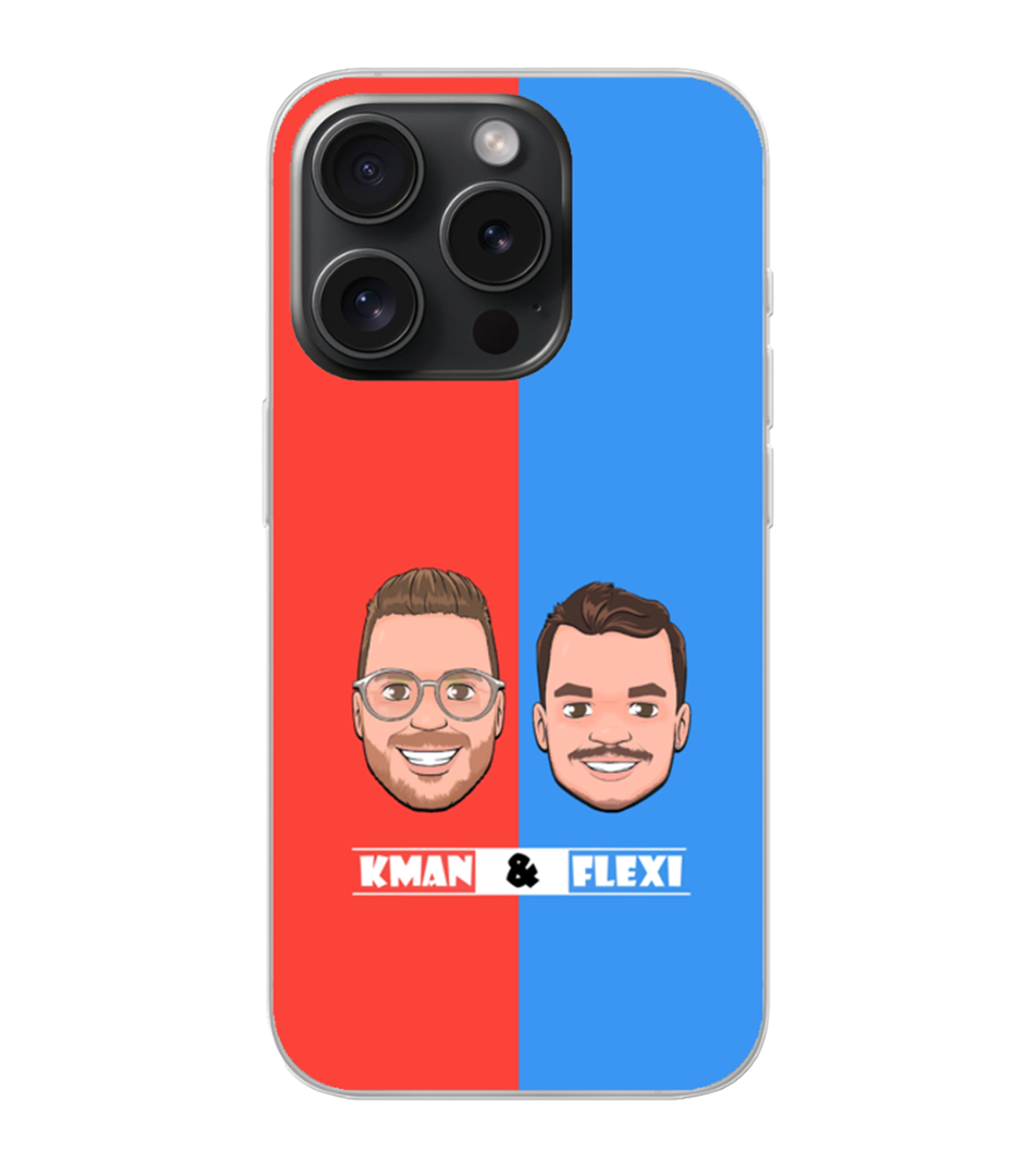 Transparente Handyhuelle mit KMAN & FLEXI Motiv: rot-blaue Zweiteilung mit Comic-Portraits der Creator, modernes Fan-Design fuer Smartphones.