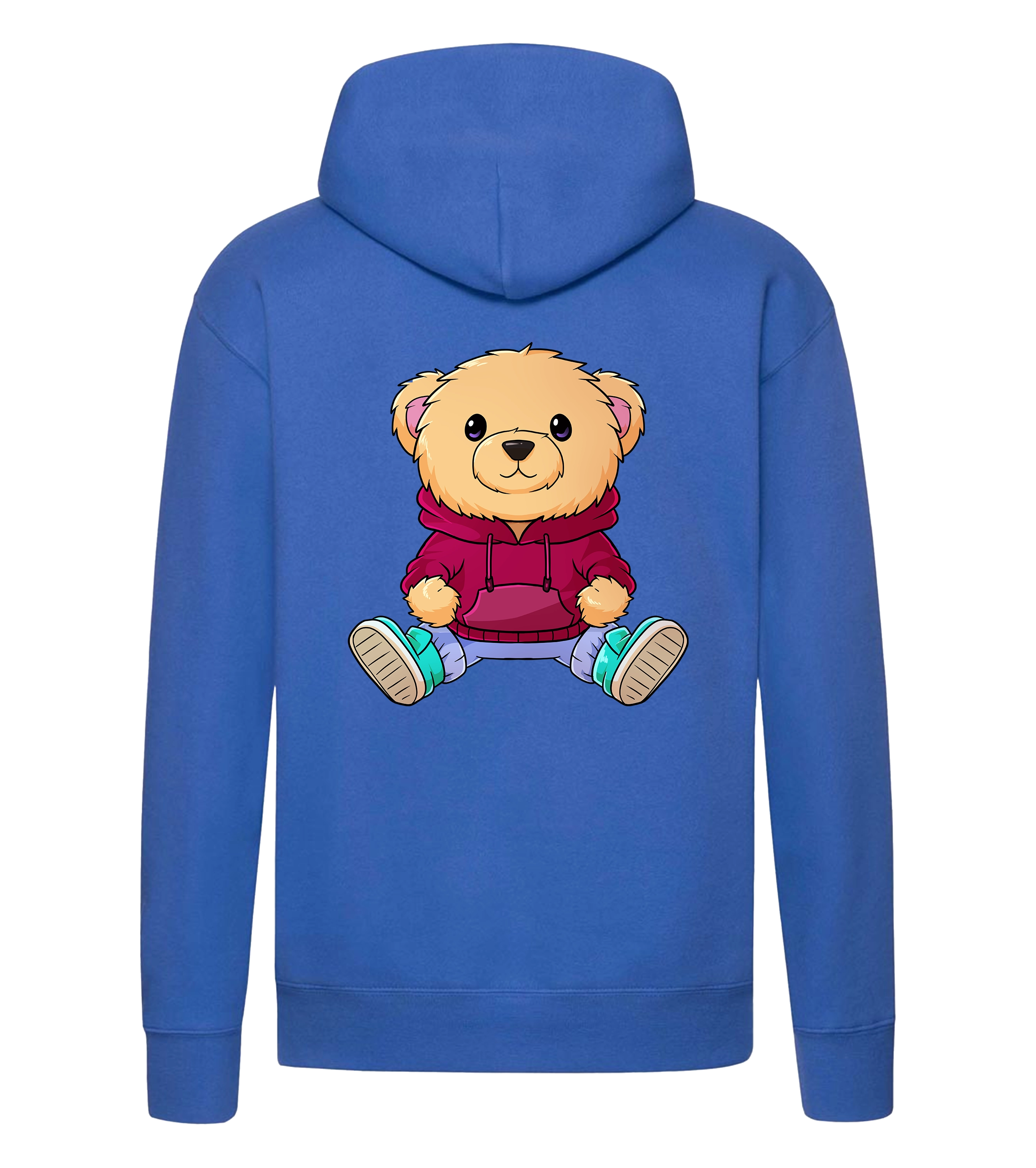 Rückseite des blauen NUNO Hoodies mit großem Bärenmotiv im Comic-Stil – der sitzende Teddy trägt einen roten Hoodie und türkisfarbene Sneaker.