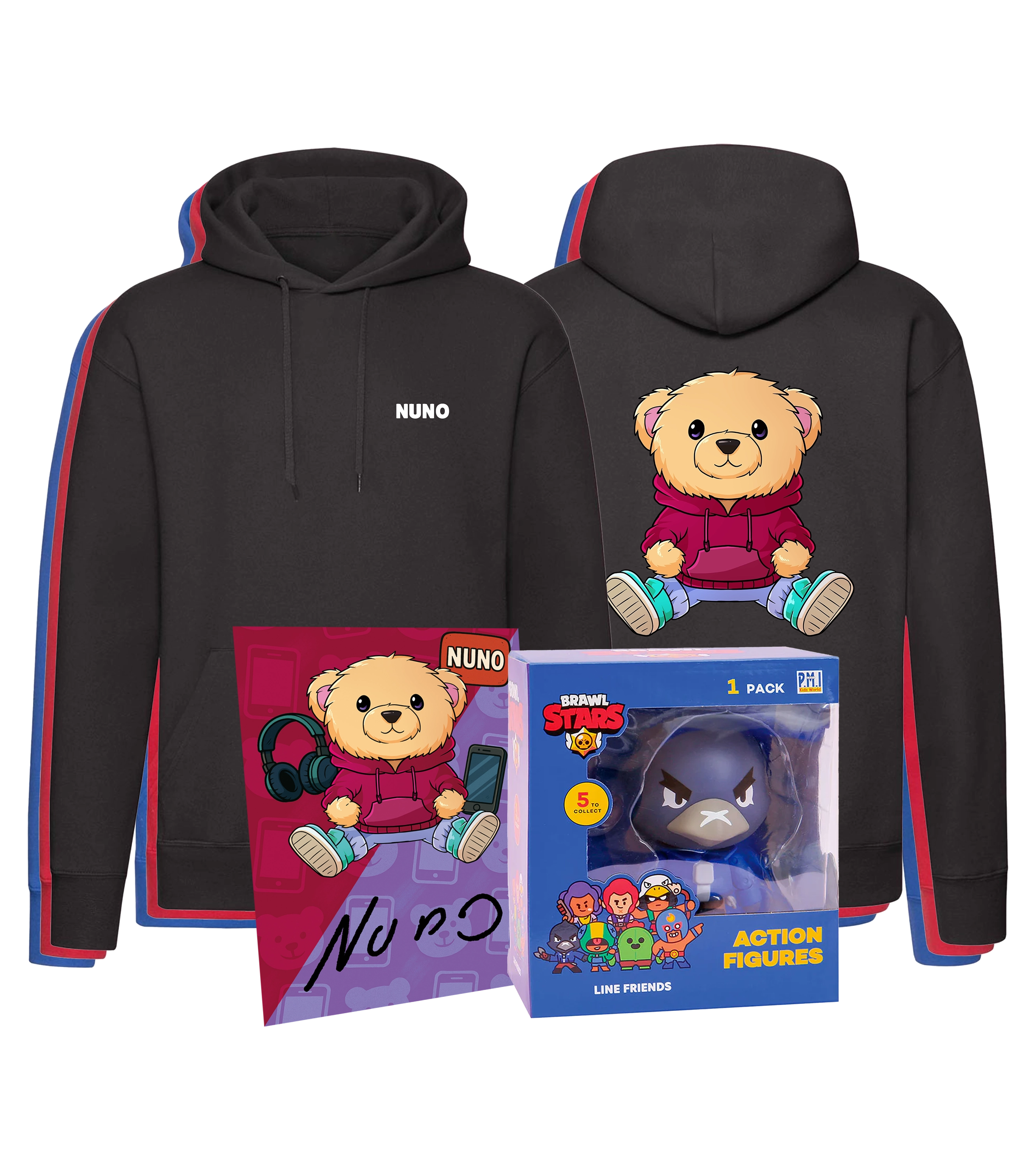 Exklusives NUNO Fanpaket mit schwarzem Hoodie im Bärchen-Design, signierter Autogrammkarte und original Brawl Stars Actionfigur – perfekt für Sammler und Fans.
