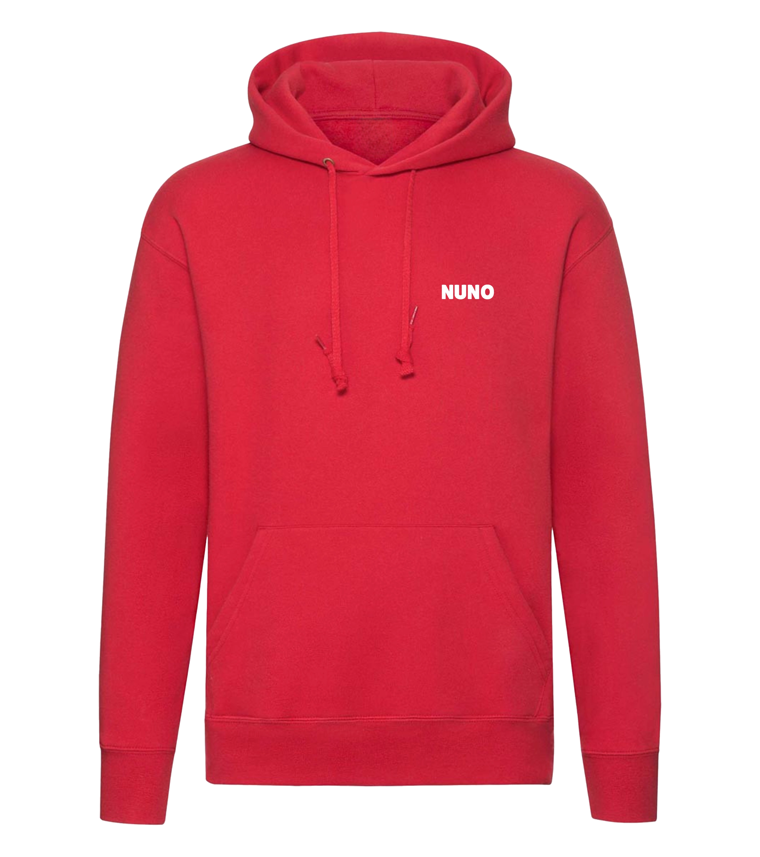 Roter NUNO Hoodie mit weißem Logo auf der linken Brust und klassischer Kapuze – bequemer Unisex-Schnitt für Kinder und Jugendliche.