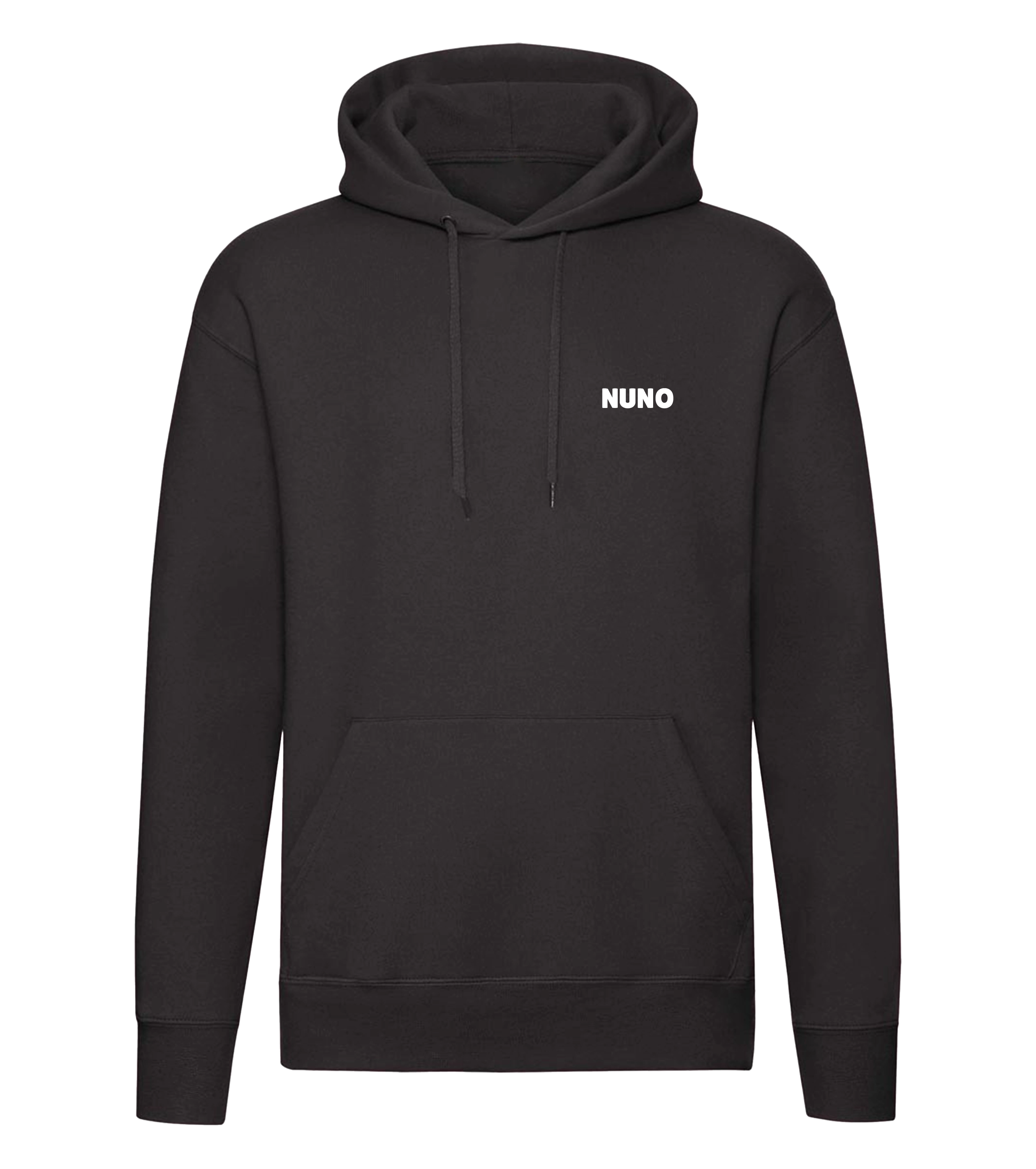 Schwarzer NUNO Hoodie mit schlichtem Frontprint in Weiß auf der Brust – minimalistischer Streetwear-Style für jeden Tag.