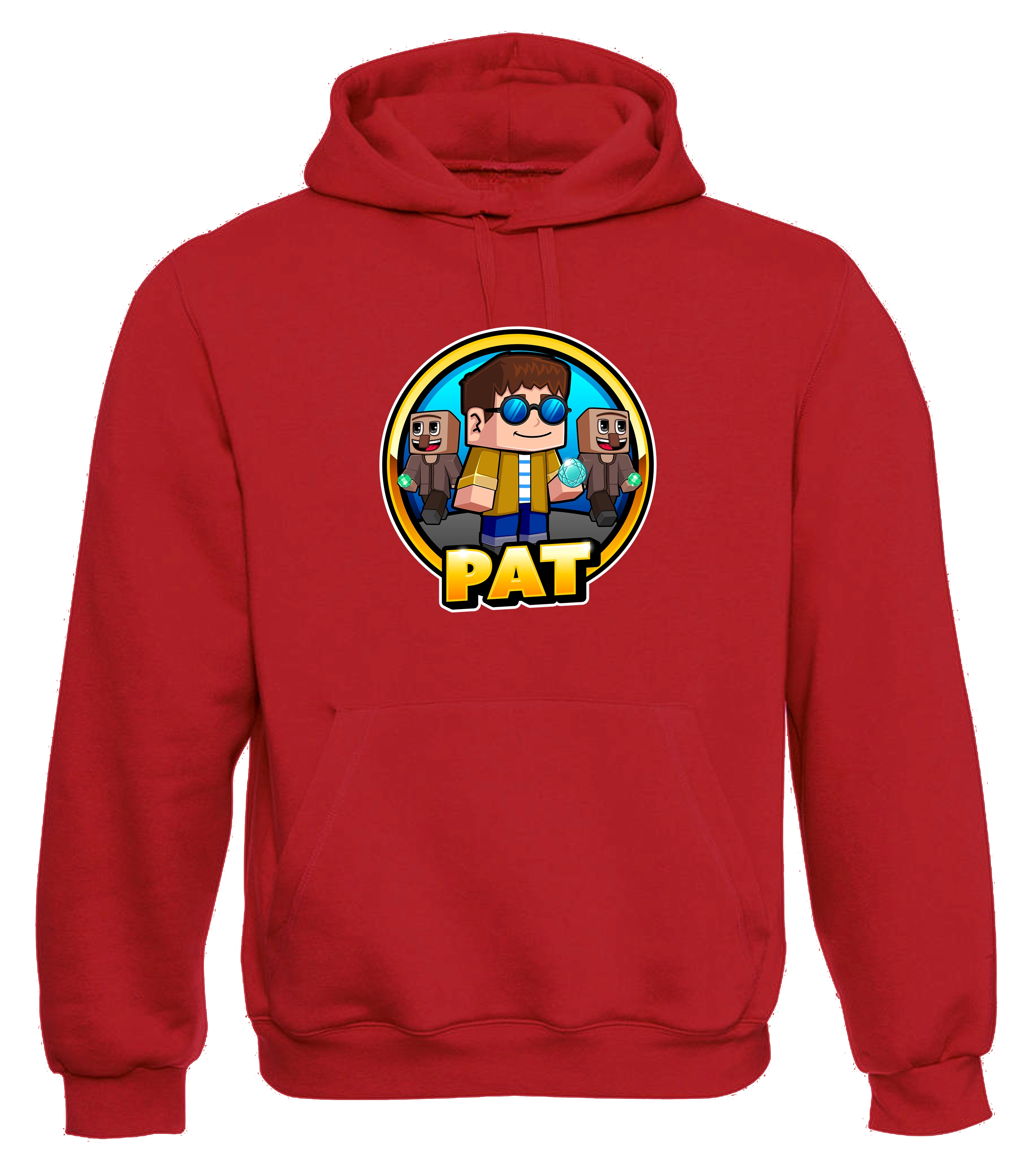 Roter Hoodie mit großem PAT-Design auf der Vorderseite im ikonischen Minecraft-inspirierten Blockstil. Zeigt den Creator mit Sonnenbrille und Diamant, begleitet von zwei Charakteren – idealer Fanartikel für Gamer und PAT-Fans.