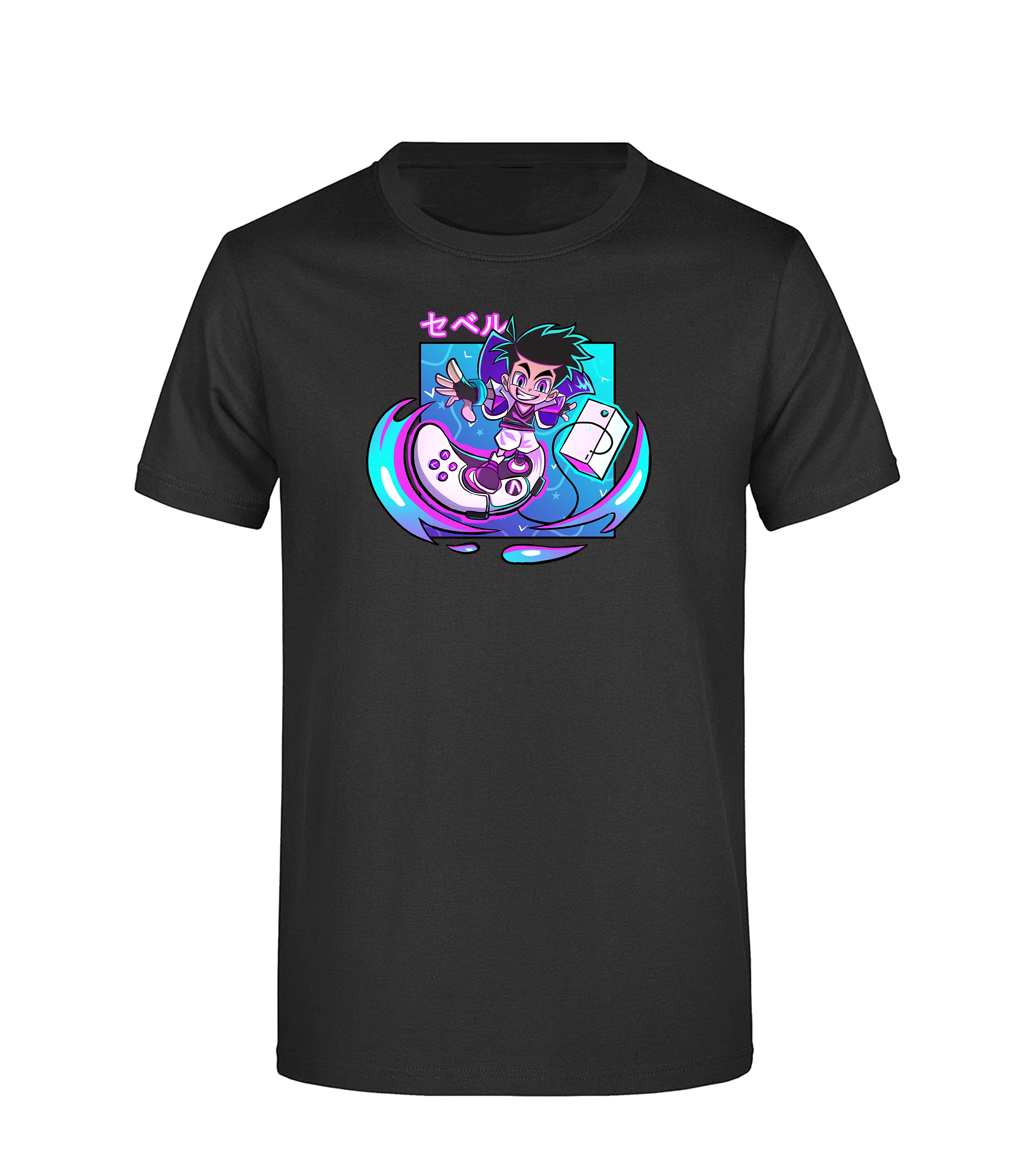 Schwarzes T-Shirt mit farbenfrohem Frontprint von Sevel: Anime-inspirierter Gamer surft auf einem Controller mit Neon-Elementen in Blau, Violett und Türkis – modernes Streetwear-Motiv für Gaming-Fans und Community-Liebhaber.