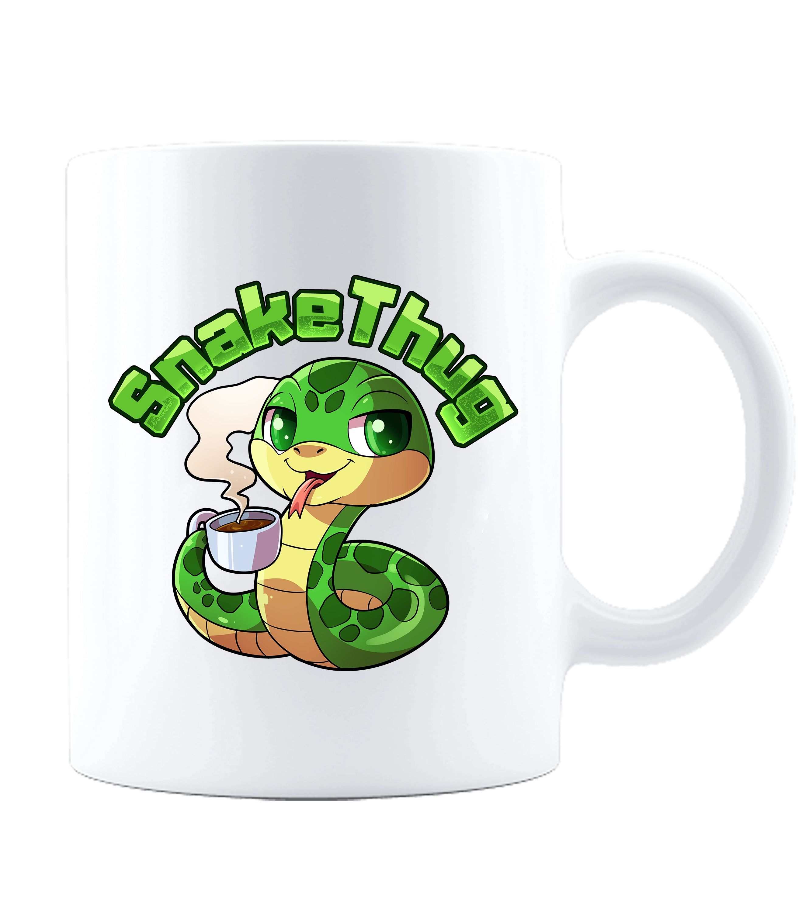 Weisse Kaffeetasse mit SnakeThug-Motiv: gruene Comic-Schlange mit Kaffeetasse und Schriftzug, ideal fuer Fans und Heissgetraenke.