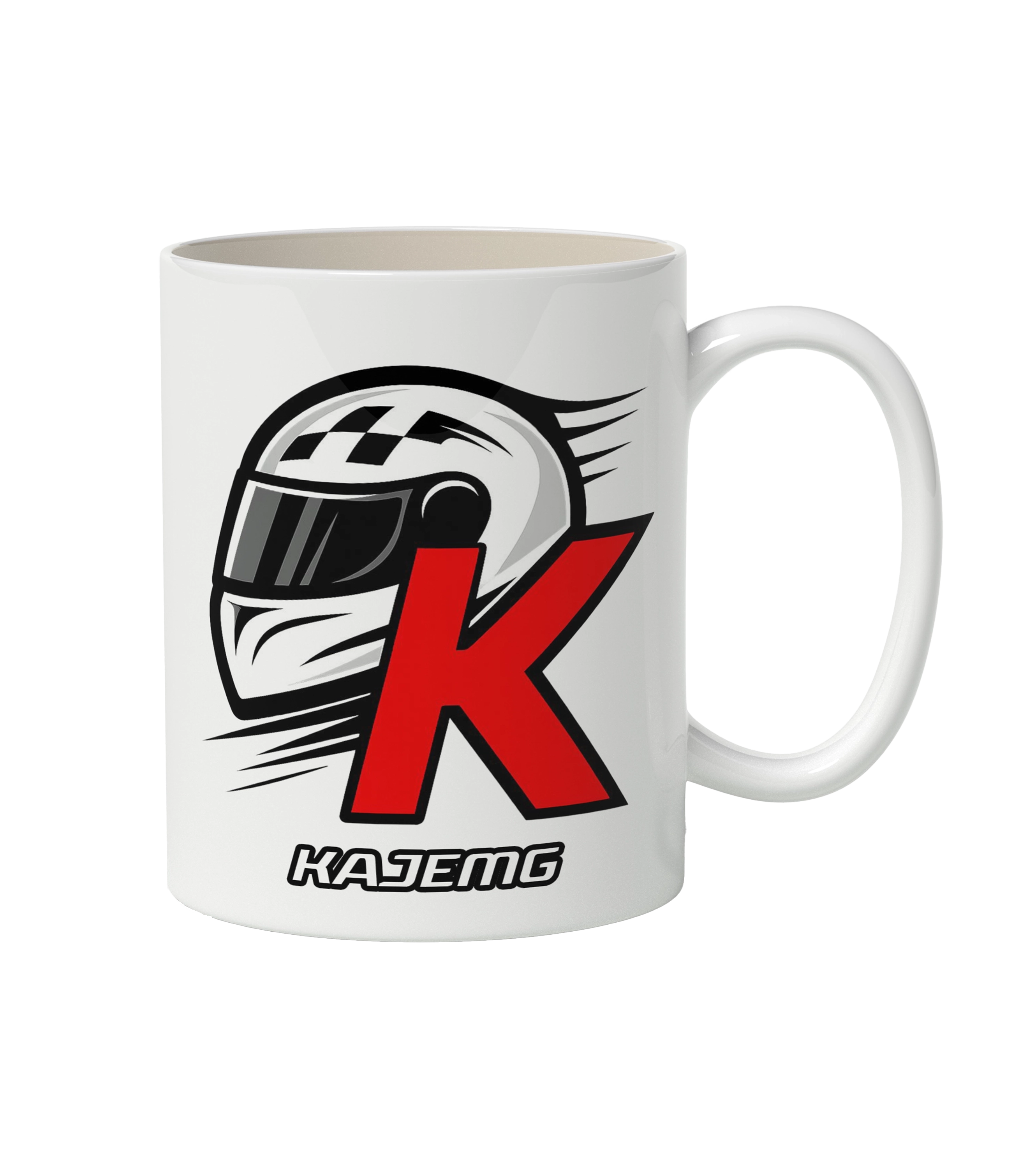 Weiße Kaffeetasse mit auffälligem KAJEMG Rennhelm-Logo – ideales Fan-Merch für Motorsport-Enthusiasten und Kajemg-Follower