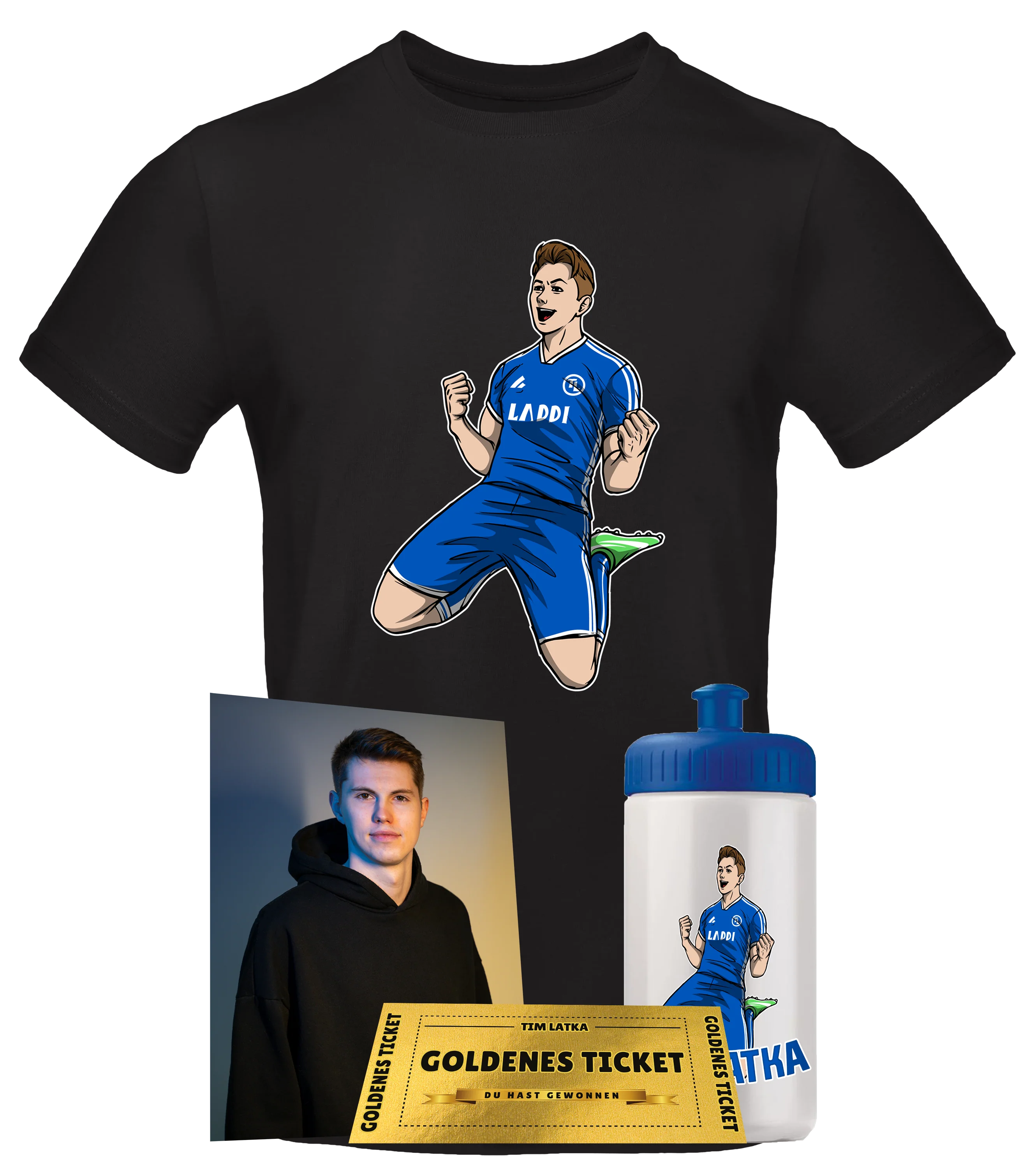 Tim Latka Fanbundle mit schwarzem T-Shirt samt Comic-Illustration im blauen Trikot, passender Trinkflasche, goldfarbenem Gewinnspiel-Ticket und signierter Autogrammkarte.