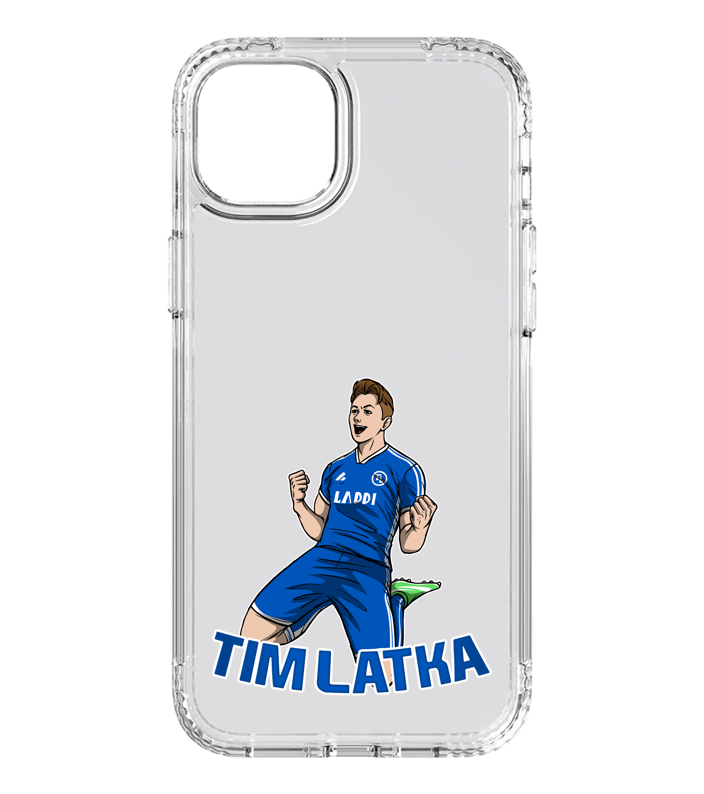 Transparente Handyhülle mit Illustration von Tim Latka im blauen Trikot und Laddi-Schriftzug – perfektes Fußball-Merch für Fans.