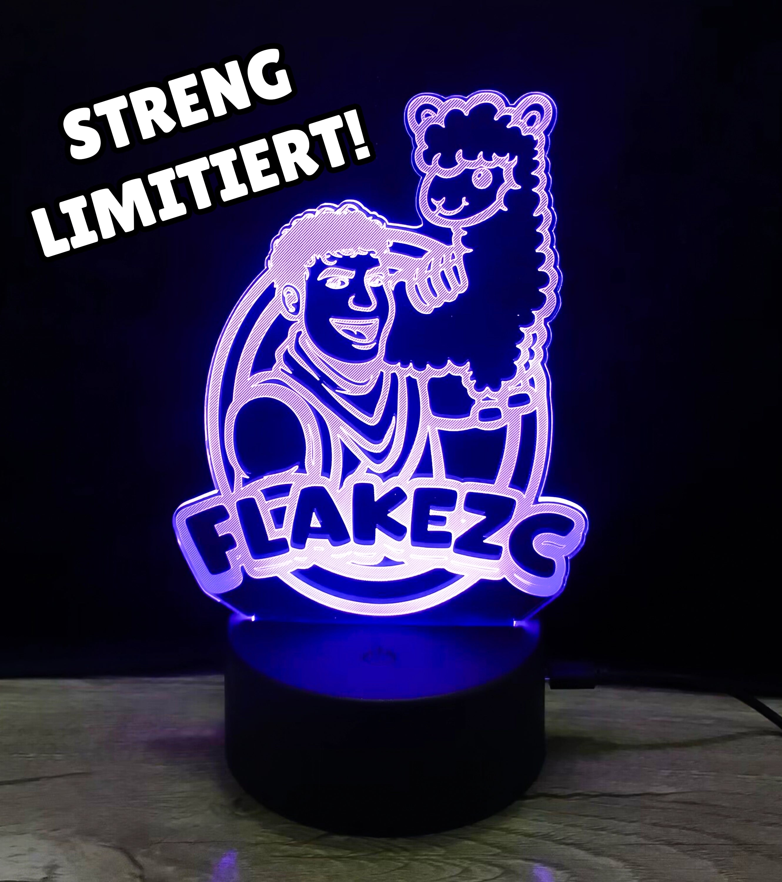 Limitierte Flakezc 3D-LED-Lampe mit lila Leuchteffekt und Logo-Motiv – exklusives Highlight für die Community.