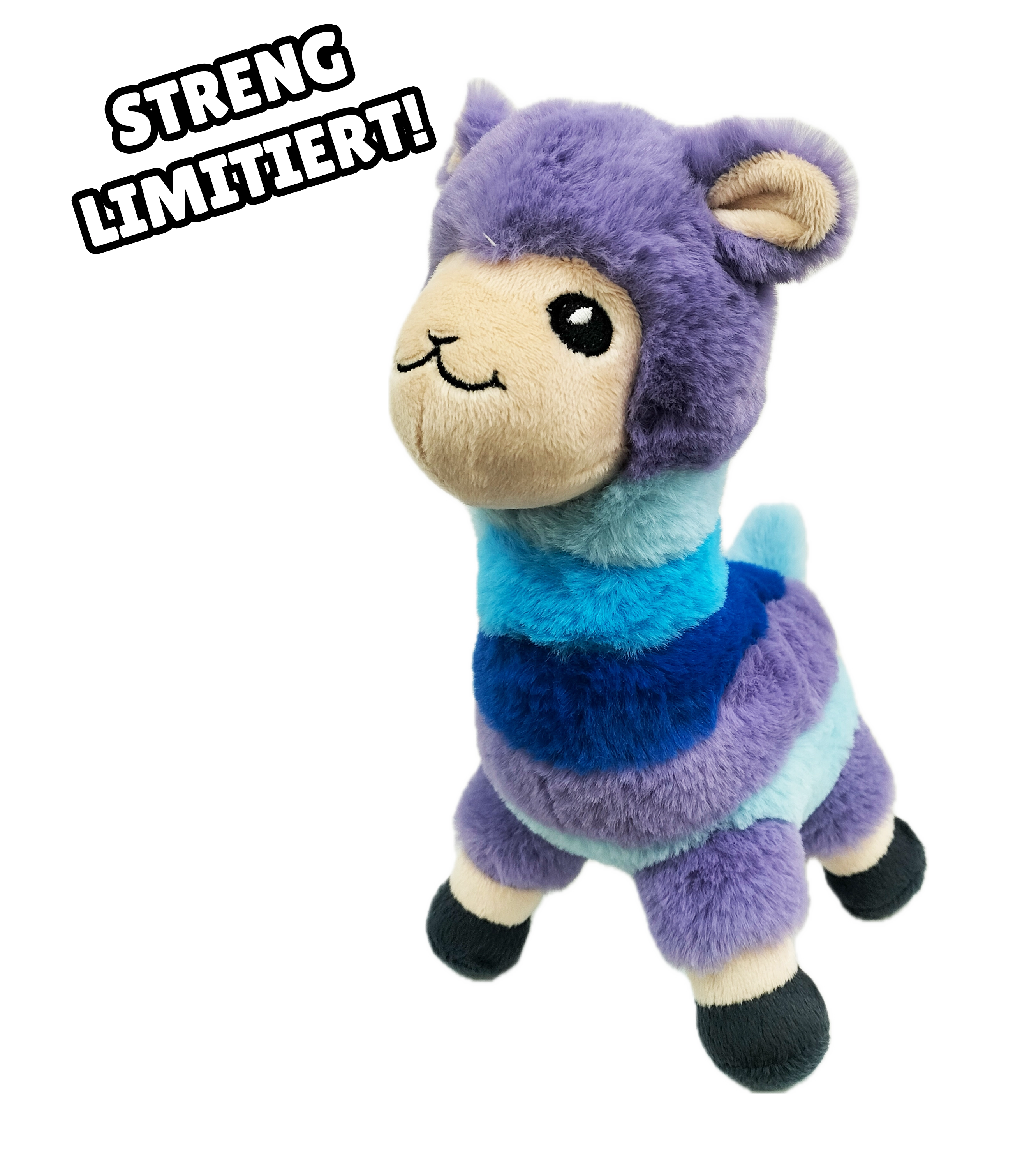Streng limitiertes Flakezc Plüschtier als bunt gestreiftes Lama – weiches Sammlerstück für die Community.