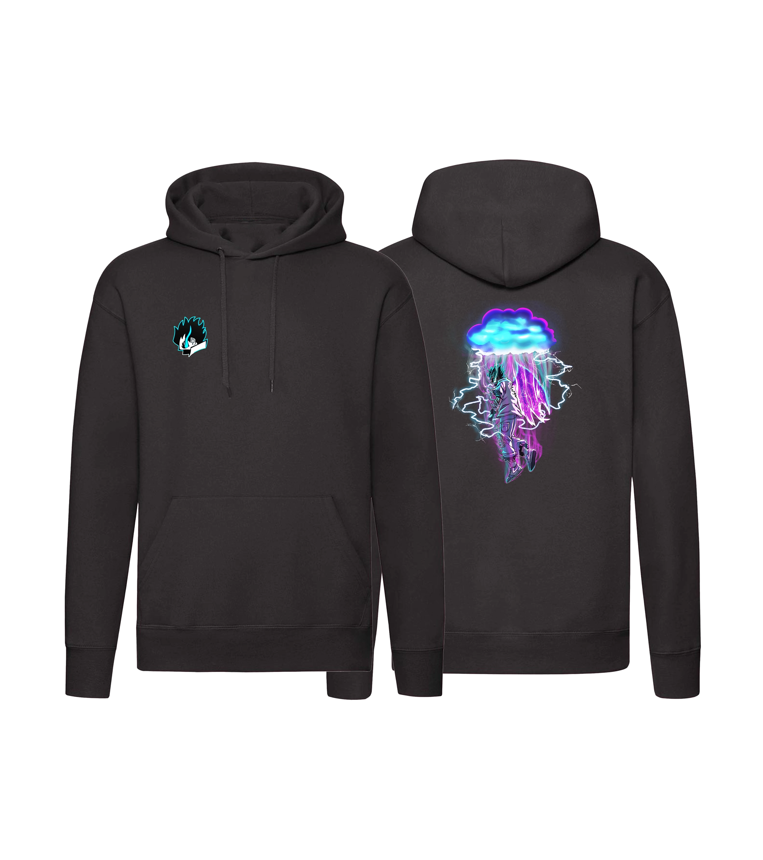 Schwarzer Hoodie mit auffaelligem Blitz Motiv auf dem Ruecken und dezenter Flammen Stickerei vorn – stylischer Streetwear Pullover fuer Gamer und Alltag