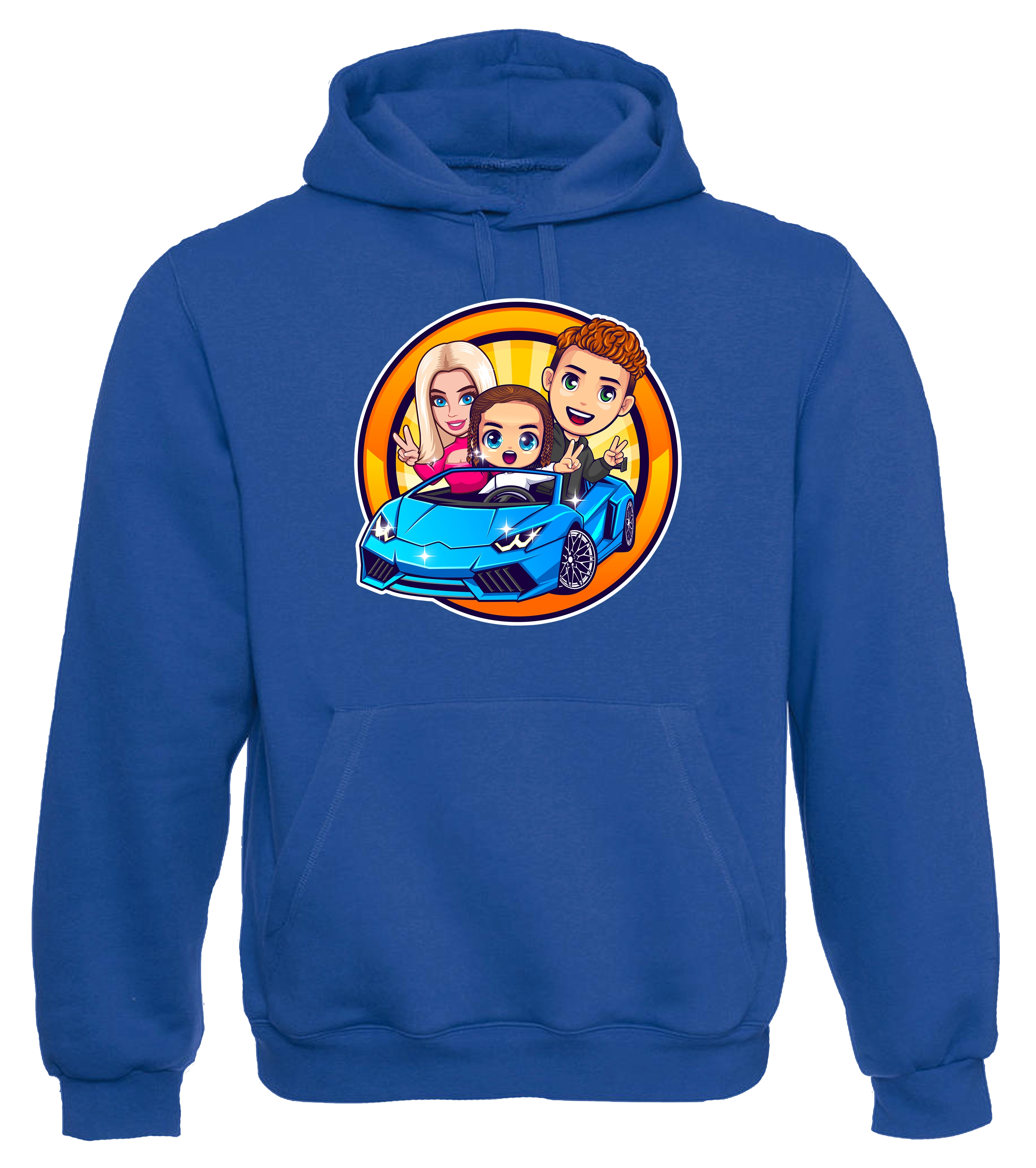 Blauer Hoodie mit Leontin-Motiv: Cartoon-Illustration mit drei Charakteren in einem Sportwagen, farbenfroh aufgedruckt auf der Brust.