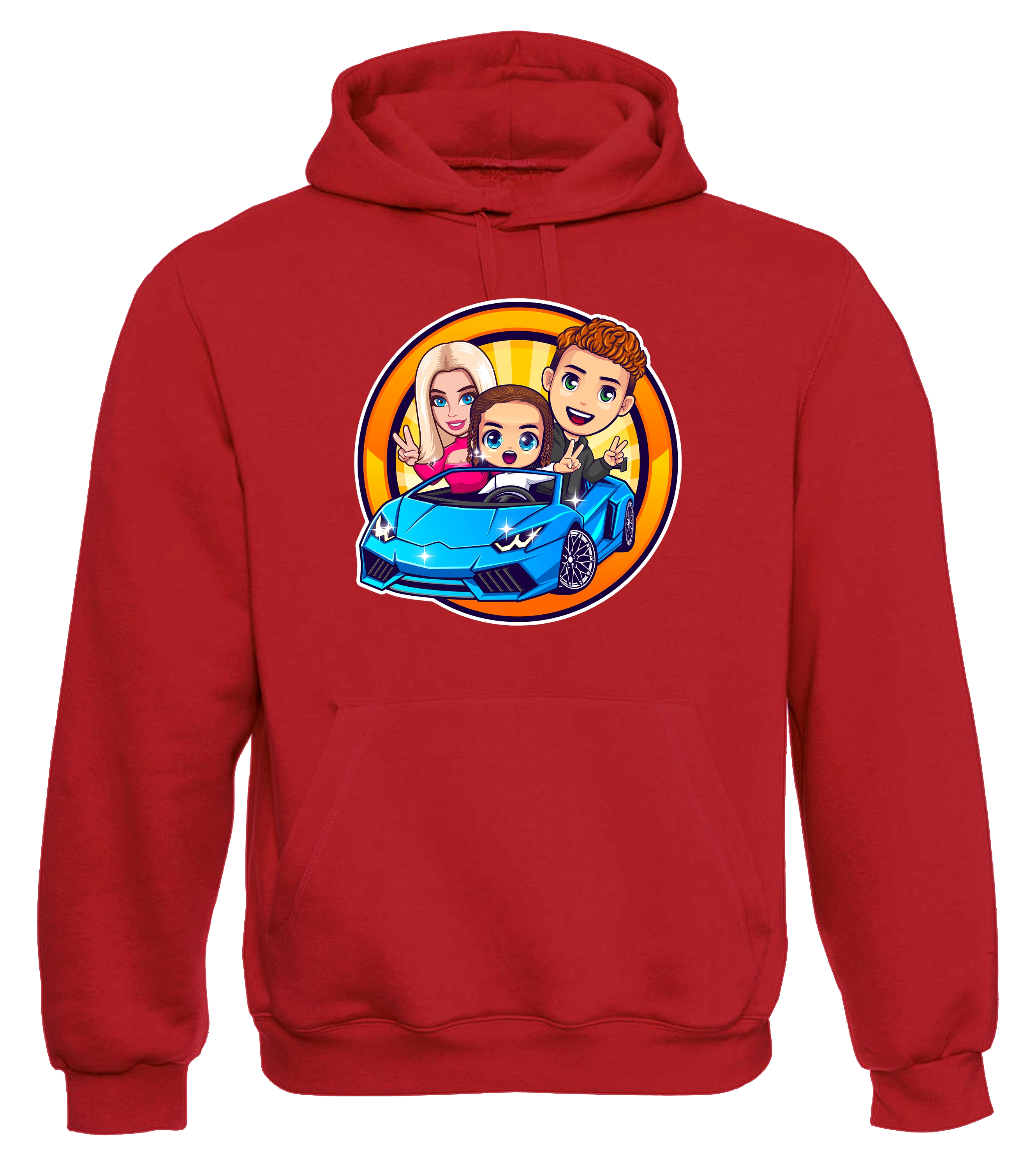 Roter Hoodie mit farbigem Leontin-Motiv: Drei Cartoon-Figuren in einem blauen Auto auf gelb-orangefarbenem Hintergrund.
