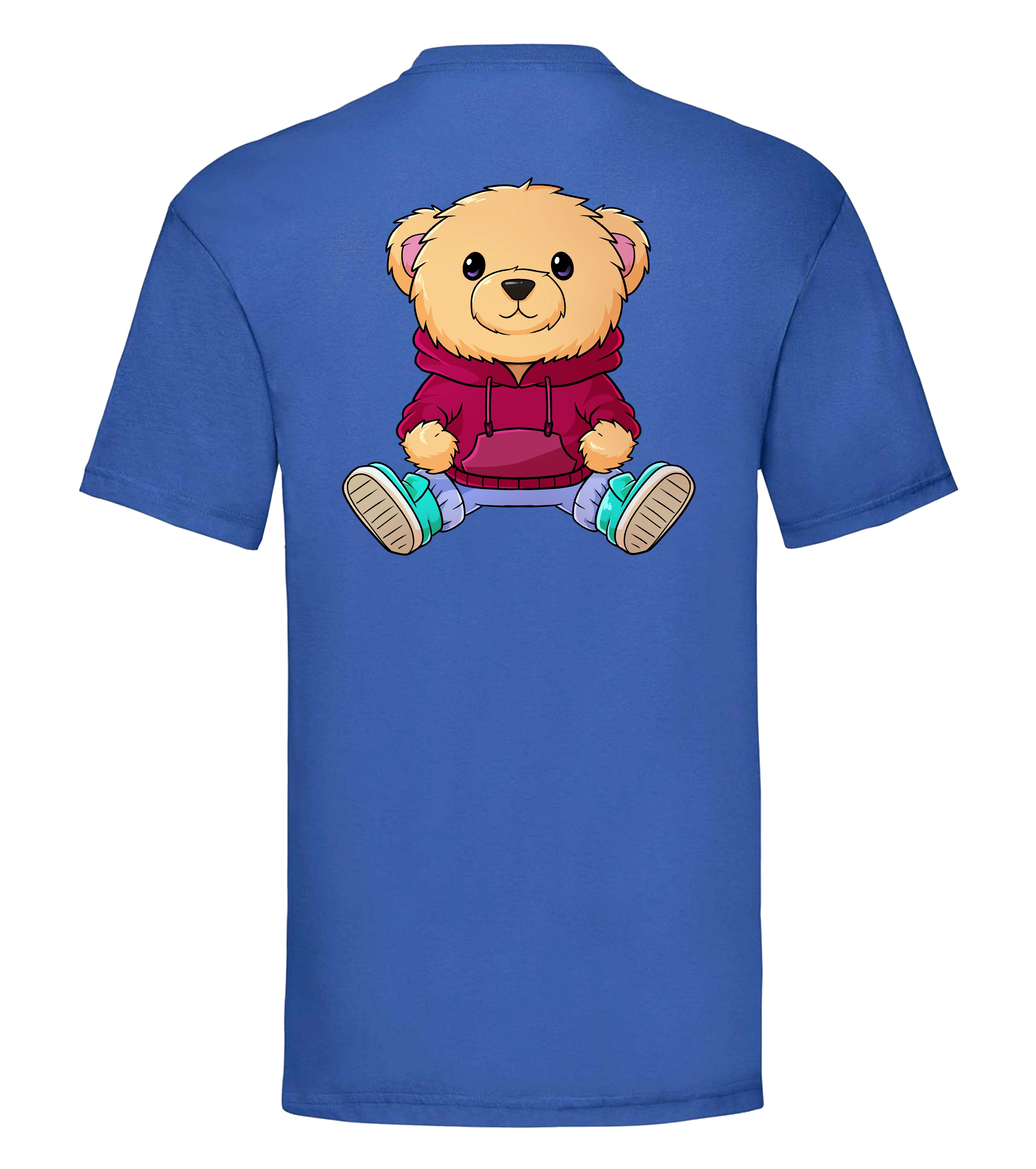 Rückseite des blauen Nuno T-Shirts mit großem Bärchenmotiv – kreativer Streetwear-Look für die Community.