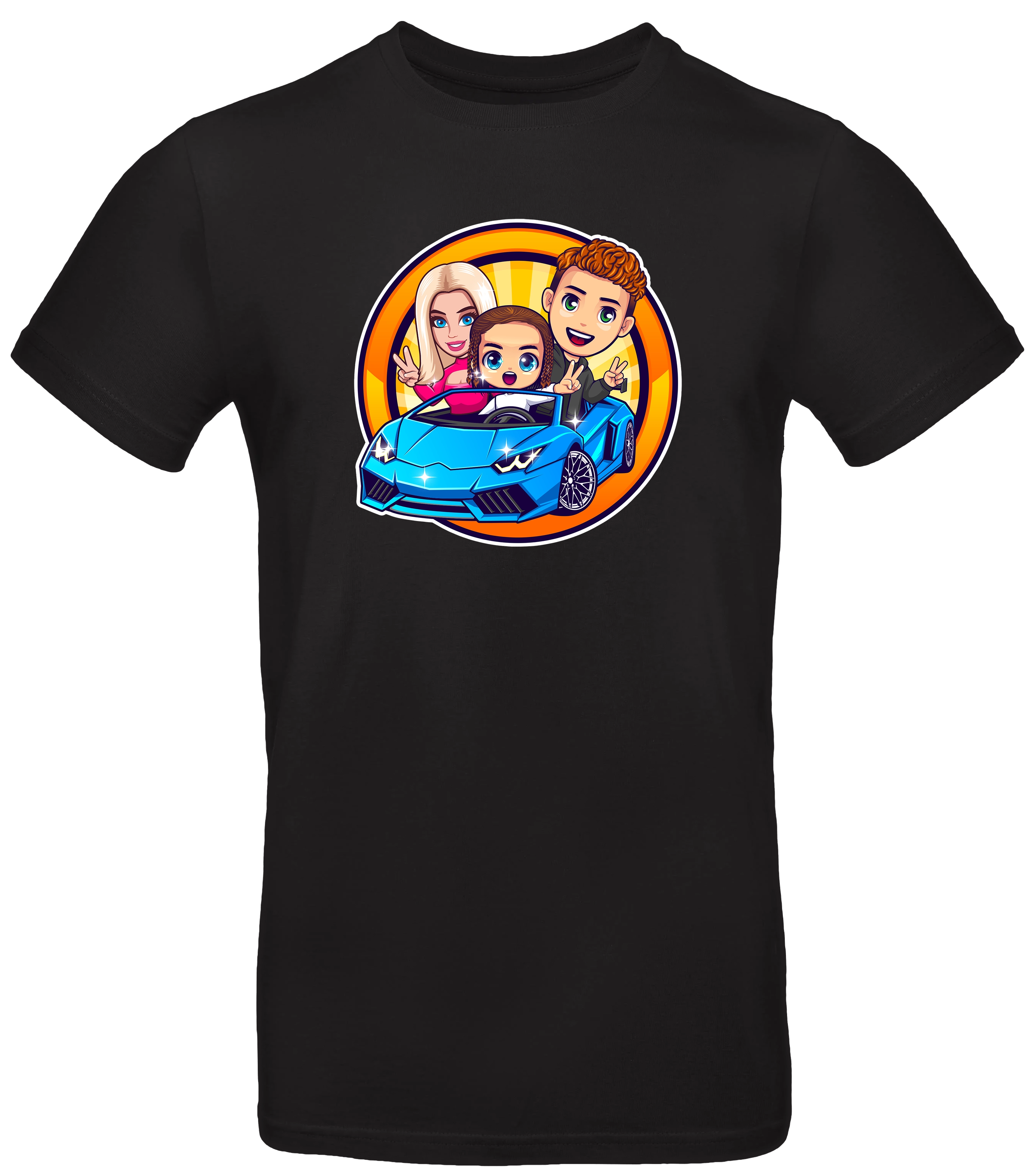 Schwarzes T-Shirt mit buntem Comicdruck – drei Figuren in einem blauen Sportwagen vor orangem Hintergrund

