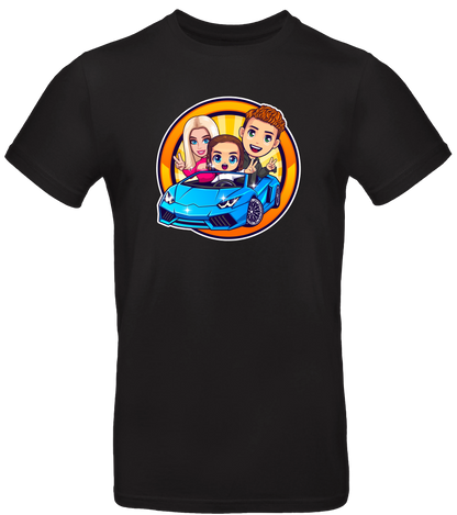 Schwarzes T-Shirt mit buntem Comicdruck – drei Figuren in einem blauen Sportwagen vor orangem Hintergrund

