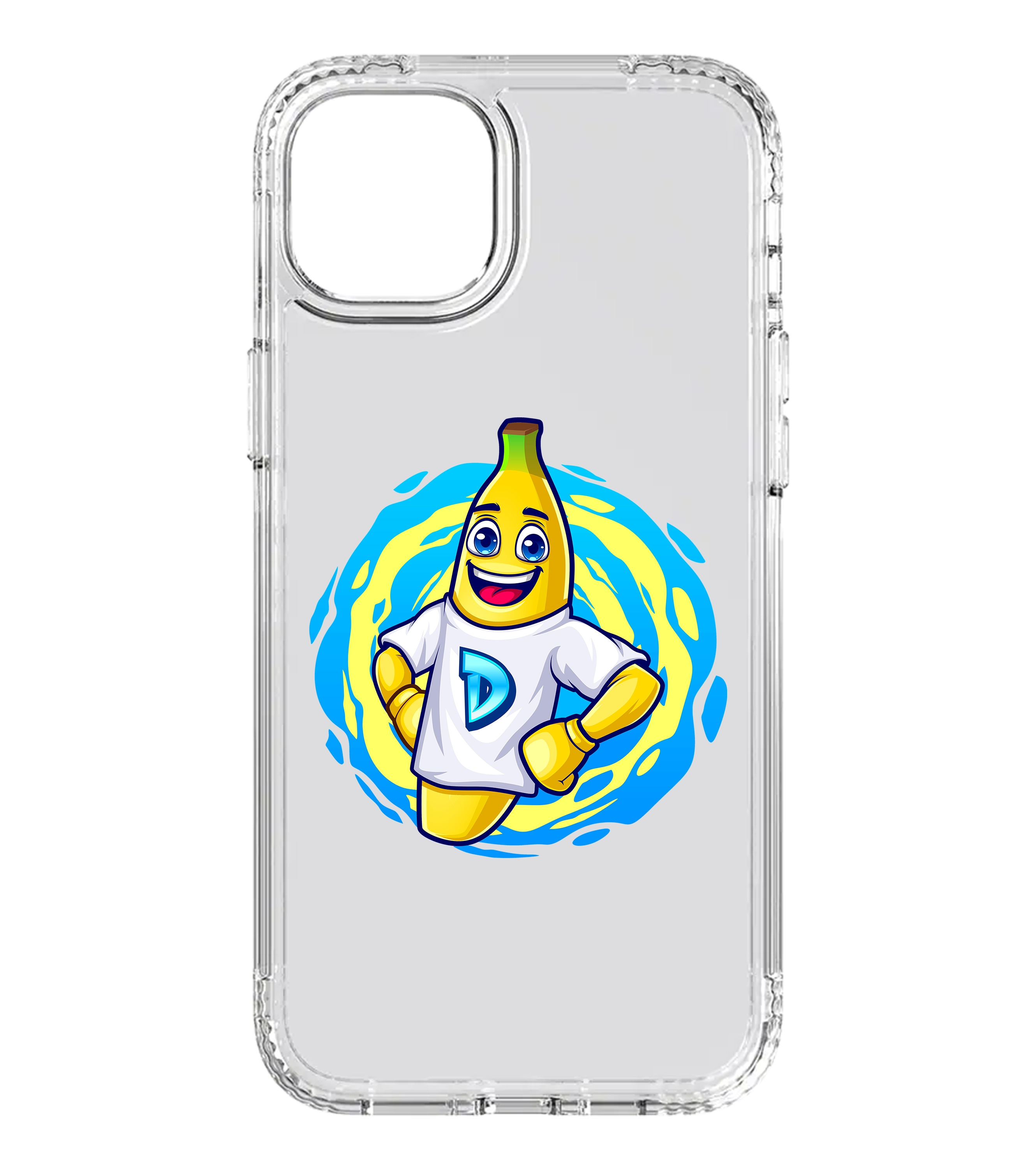 Transparente Handyhülle mit fröhlichem Bananen-Charakter im blauen Strudel-Look und „D“-Shirt – stylisches Accessoire für Dave-Fans und Smartphone-Schutz in einem.

