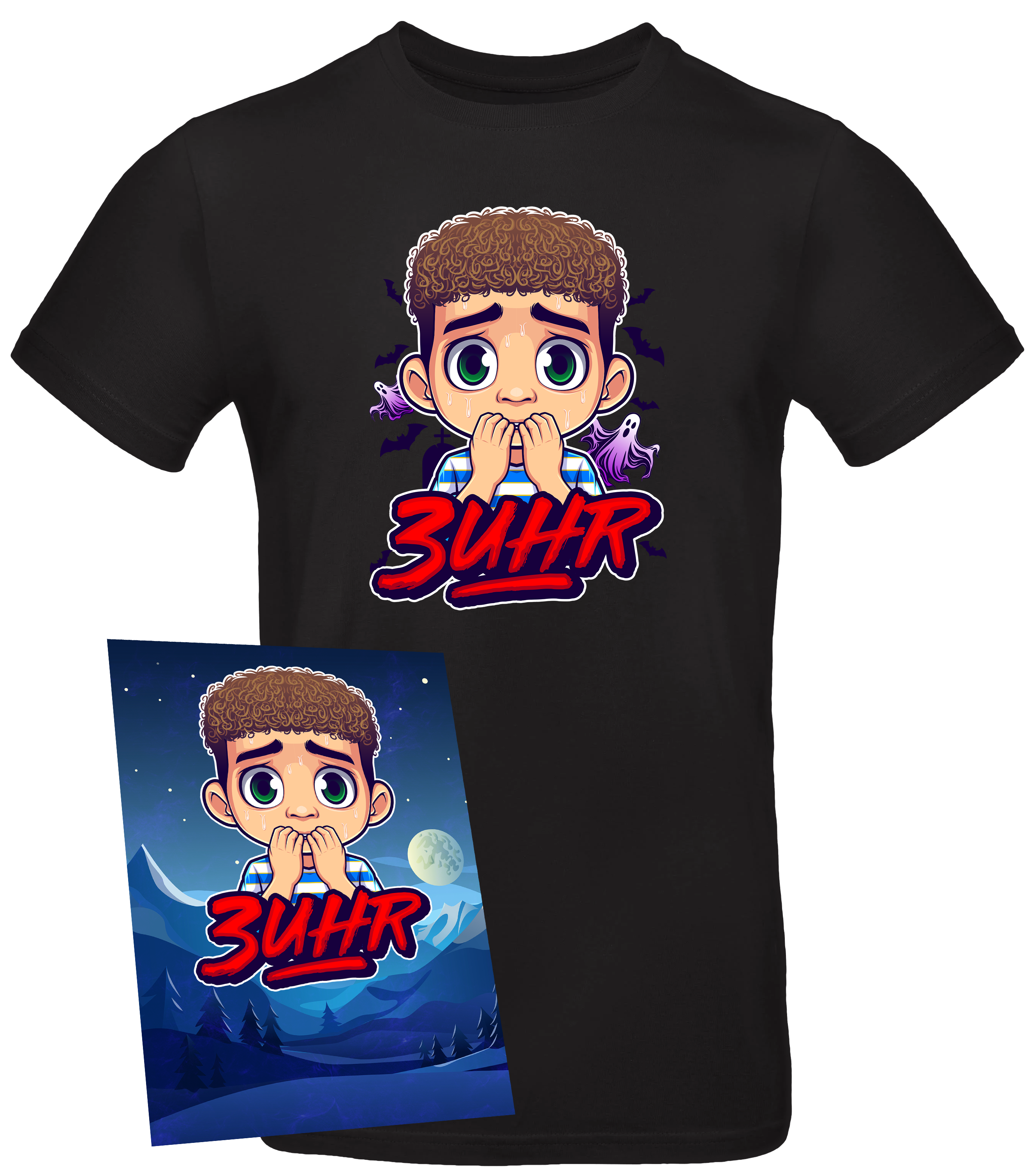 3Uhr Bundle von Doktor Light mit schwarzem T-Shirt und Postkarte, Cartoon-Design mit Geist, Fledermäusen und Nachtlandschaft.


