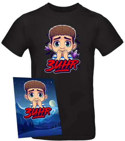 3Uhr Bundle von Doktor Light mit schwarzem T-Shirt und Postkarte, Cartoon-Design mit Geist, Fledermäusen und Nachtlandschaft.

