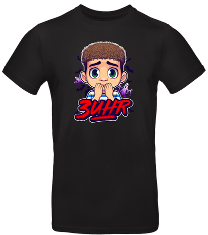 Schwarzes T-Shirt mit 3Uhr-Design von Doktor Light, Comic-Stil mit Fledermäusen, Geist und erschrockenem Gesicht.

