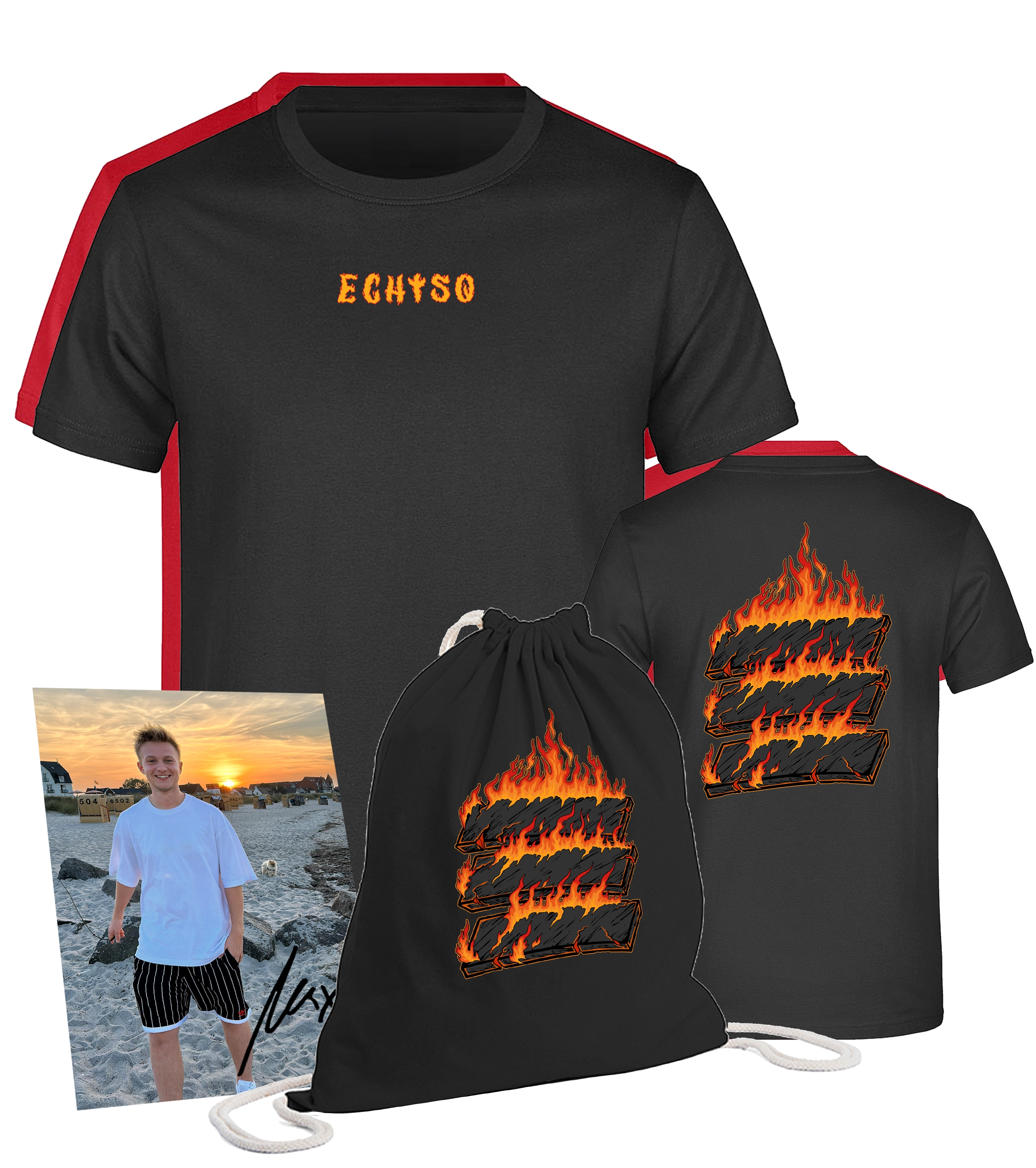 Schwarzes T-Shirt mit brennendem „ECHTSO“-Logo auf der Rückseite und kleinem Frontprint, dazu passender Turnbeutel und Autogrammkarte von Aaron Troschke am Strand.

