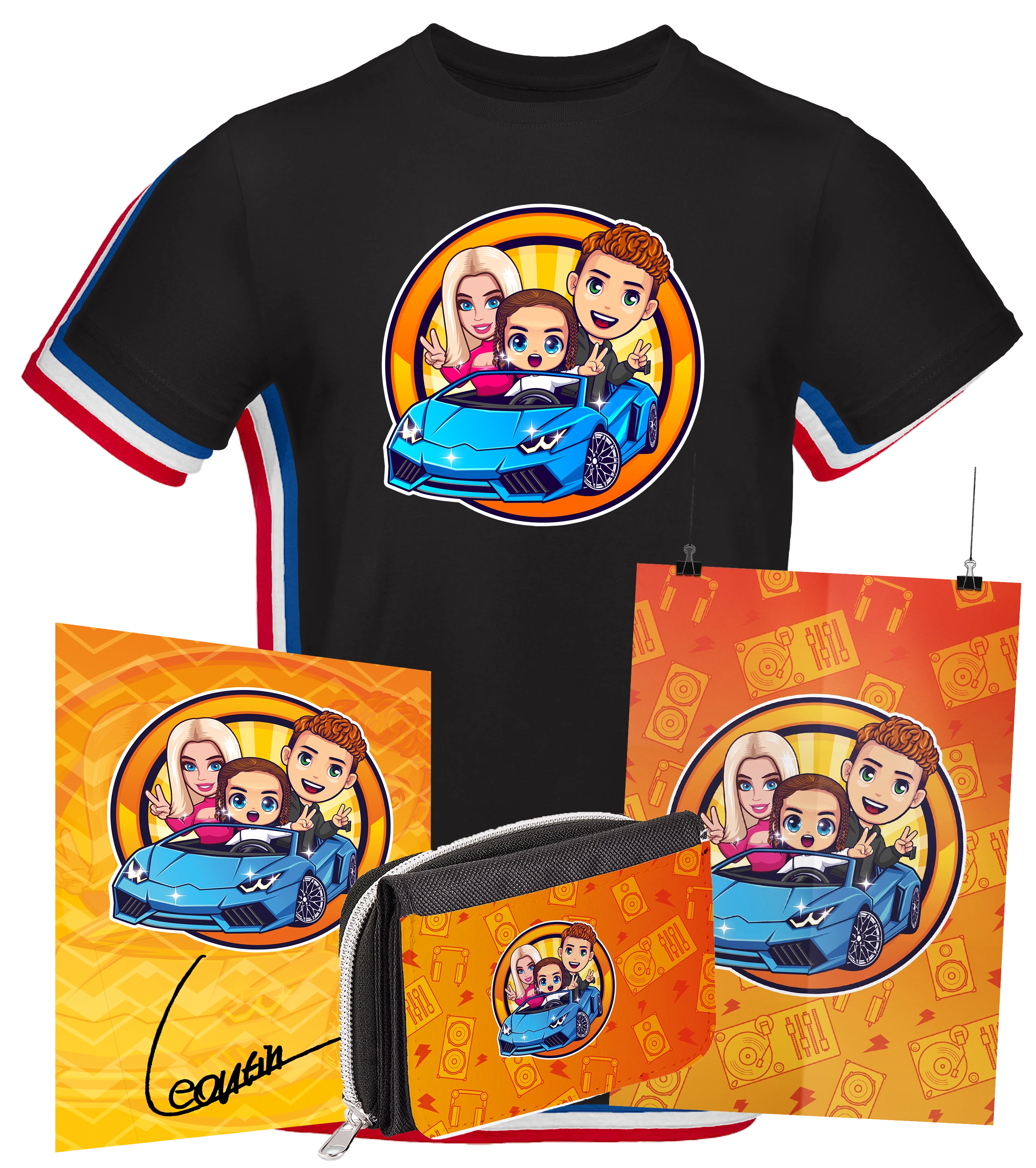 Fanartikel-Bundle mit schwarzem T-Shirt, Geldbörse, Autogrammkarte und zwei Postern – Comicmotiv mit Auto und drei Charakteren


