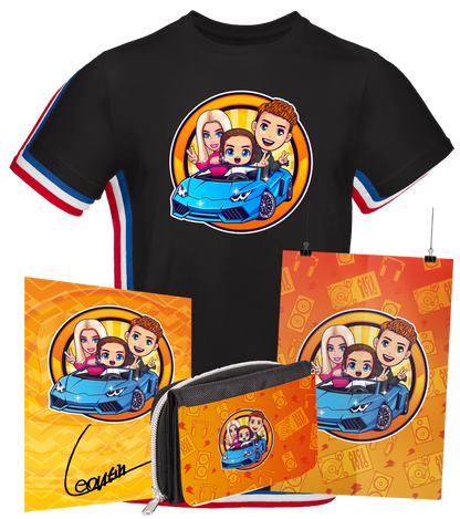 Fanartikel-Bundle mit schwarzem T-Shirt, Geldbörse, Autogrammkarte und zwei Postern – Comicmotiv mit Auto und drei Charakteren

