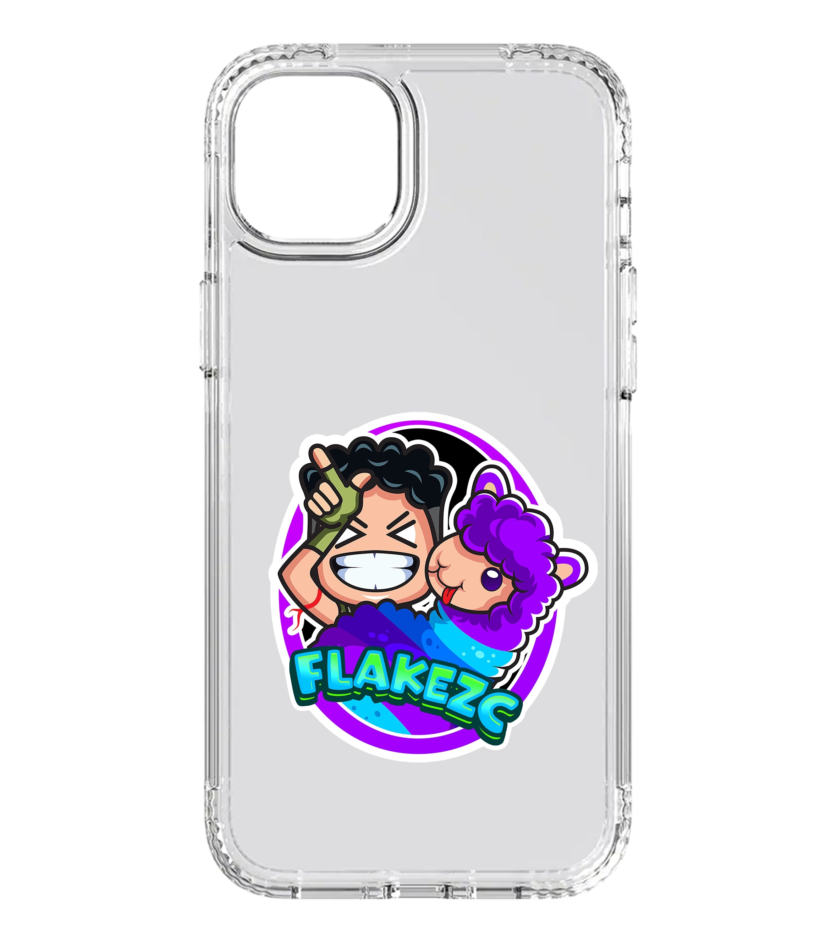 Transparente Handyhülle mit dem bunten Flakezc-Logo: Cartoonfigur mit Lama im Arm auf violettem Hintergrund – verspieltes Design für Gaming-Fans.

