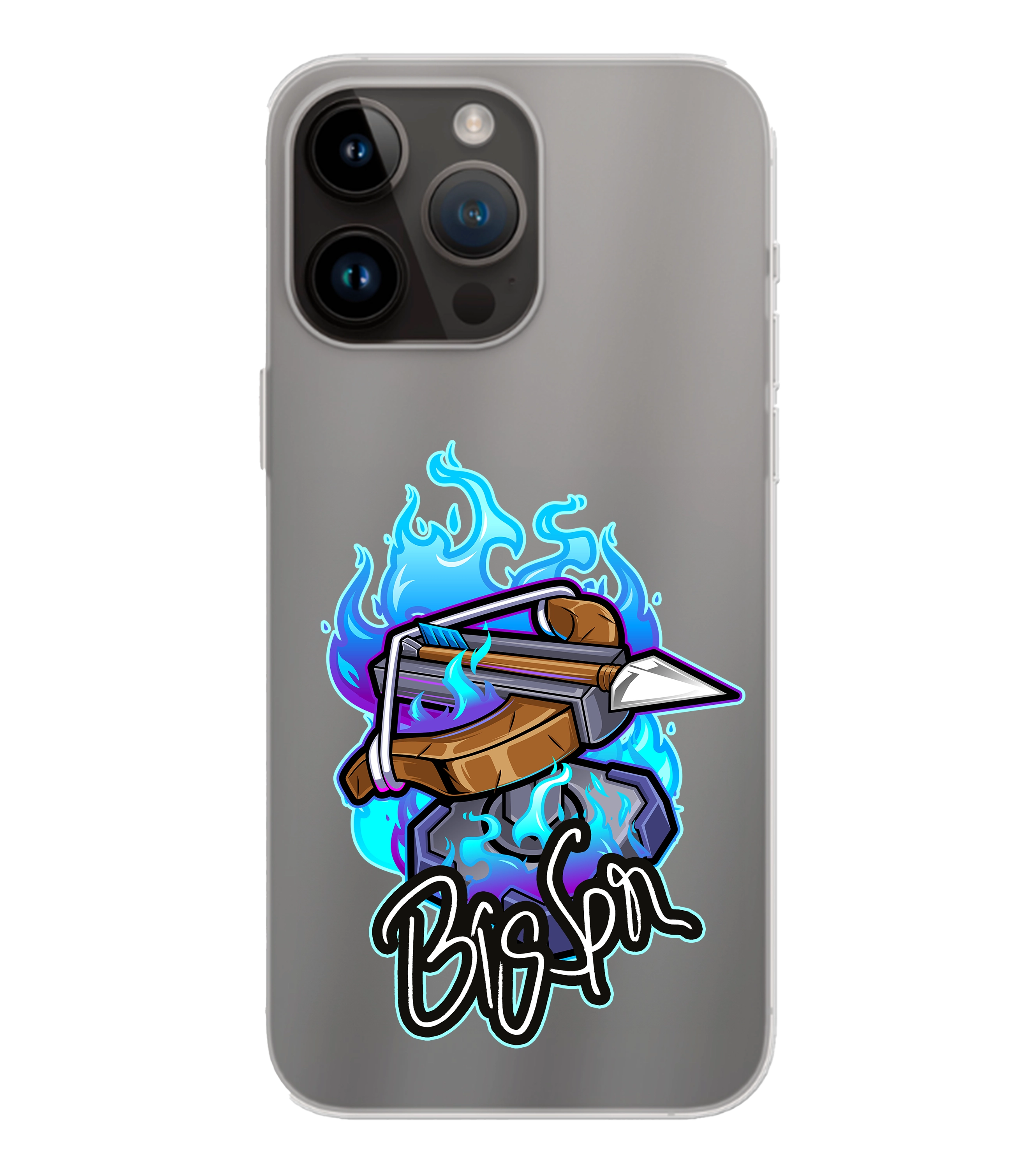 Transparente BigSpin Handyhülle mit Armbrust und blauen Flammen – stylischer Schutz für Creator-Fans und Mobile Gamer