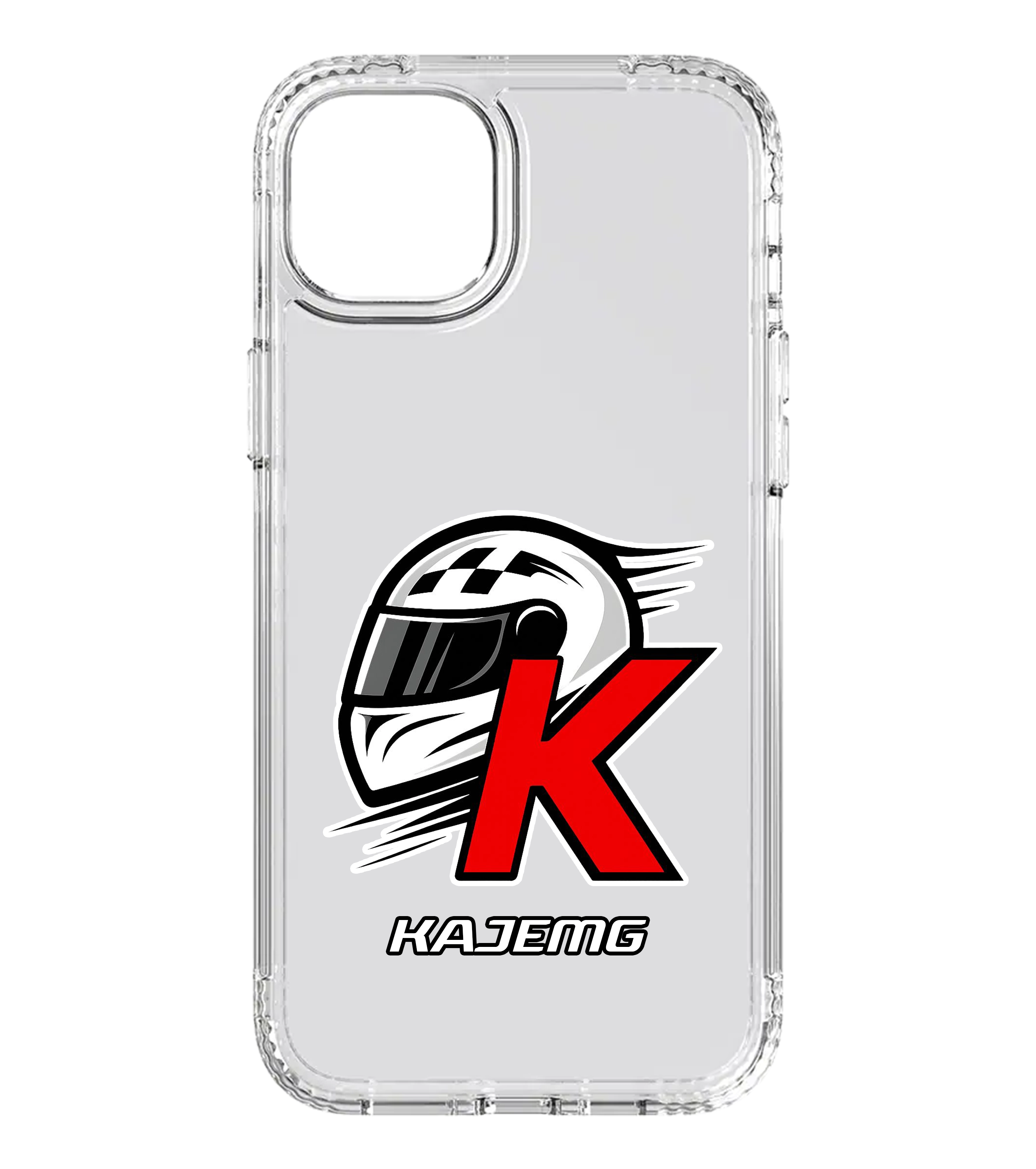 Transparente Handyhülle mit KAJEMG Logo und Rennhelm – stylischer Motorsportschutz für Fans von Kajemg und Racing-Content