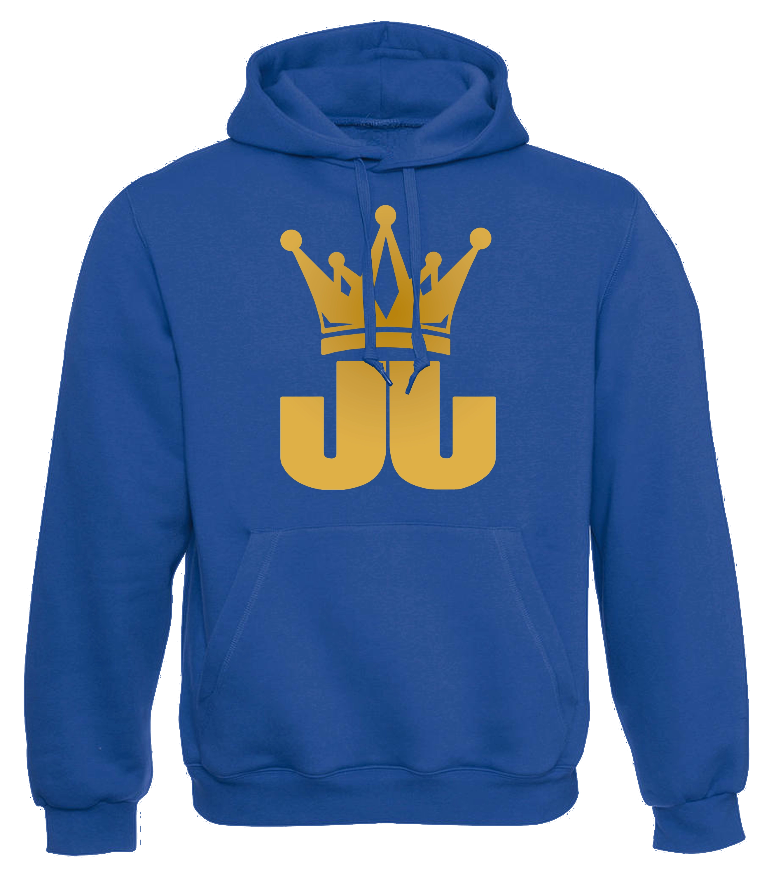 Blauer Hoodie mit großem goldenen JJ-Logo und Krone – stylischer Kapuzenpullover für Fans von Jo Jonas mit markantem Design.

