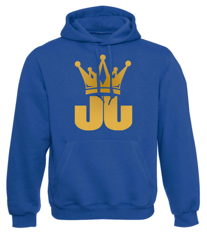 Blauer Hoodie mit großem goldenen JJ-Logo und Krone – stylischer Kapuzenpullover für Fans von Jo Jonas mit markantem Design.

