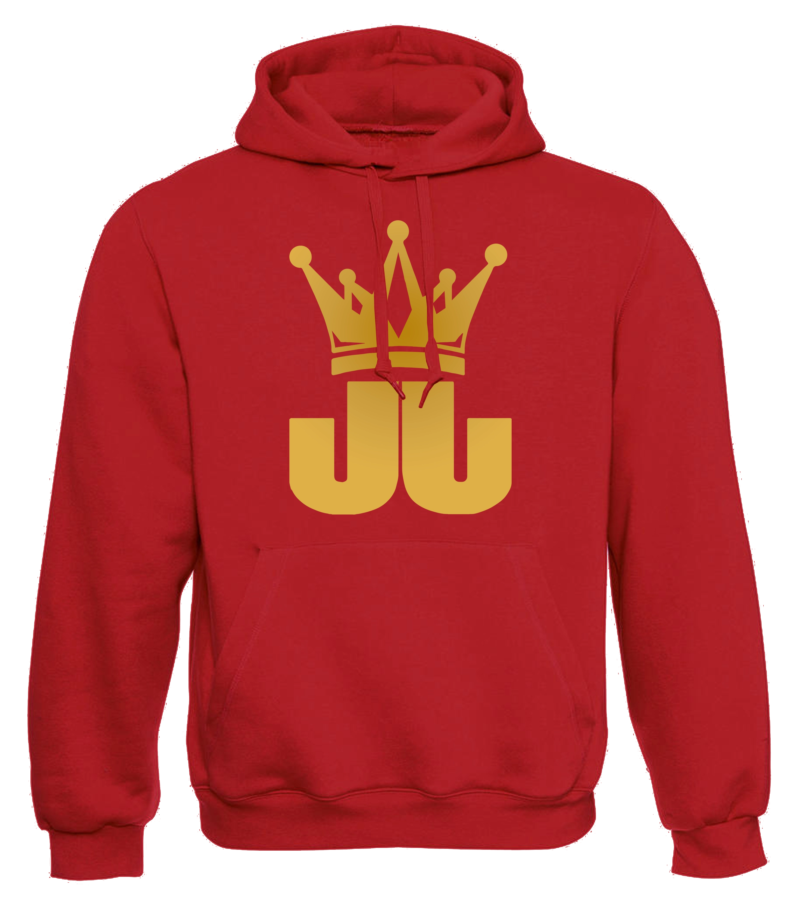 Roter Hoodie mit goldener JJ-Krone auf der Brust – stylischer Kapuzenpullover aus der offiziellen Jo Jonas Kollektion für ein markantes Statement.


