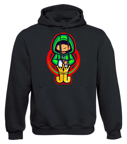 Schwarzer Hoodie mit auffälligem Jo Jonas Motiv: grüner Hoodie-Charakter mit Krone und roten Akzenten – stylisches und bequemes Fan-Merch für Gamer.