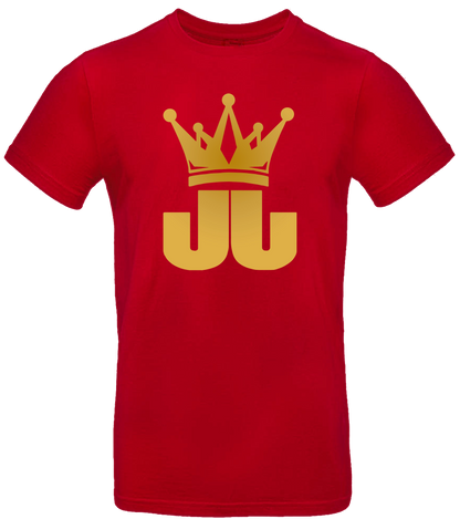 Rotes T-Shirt mit goldener JJ-Krone – auffälliges Streetwear-Design von Jo Jonas.

