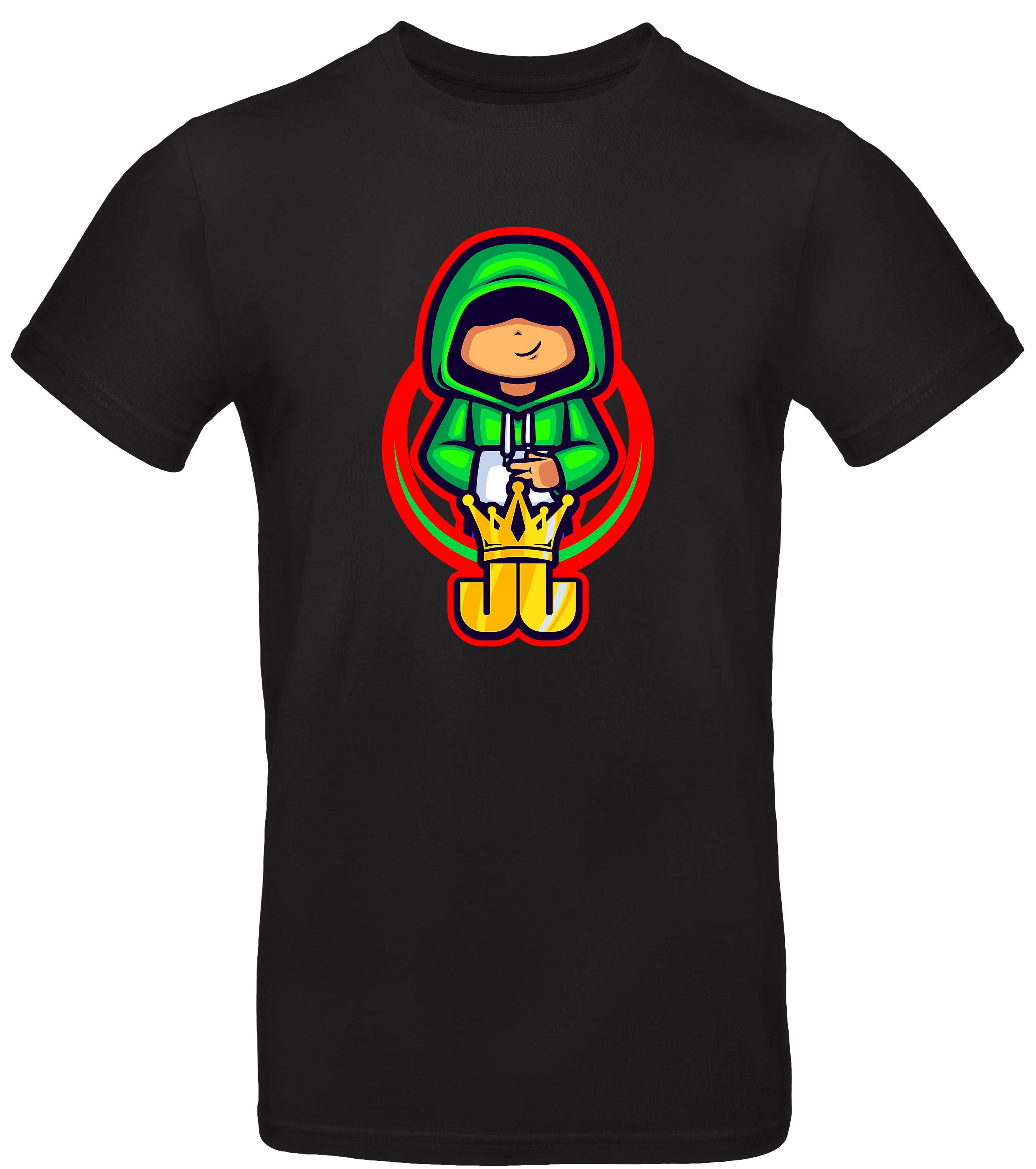 Schwarzes T-Shirt mit Jo Jonas Peace-Motiv – stylisches Shirt mit grünem Hoodie-Charakter und goldener Krone für echte Gaming-Fans.

