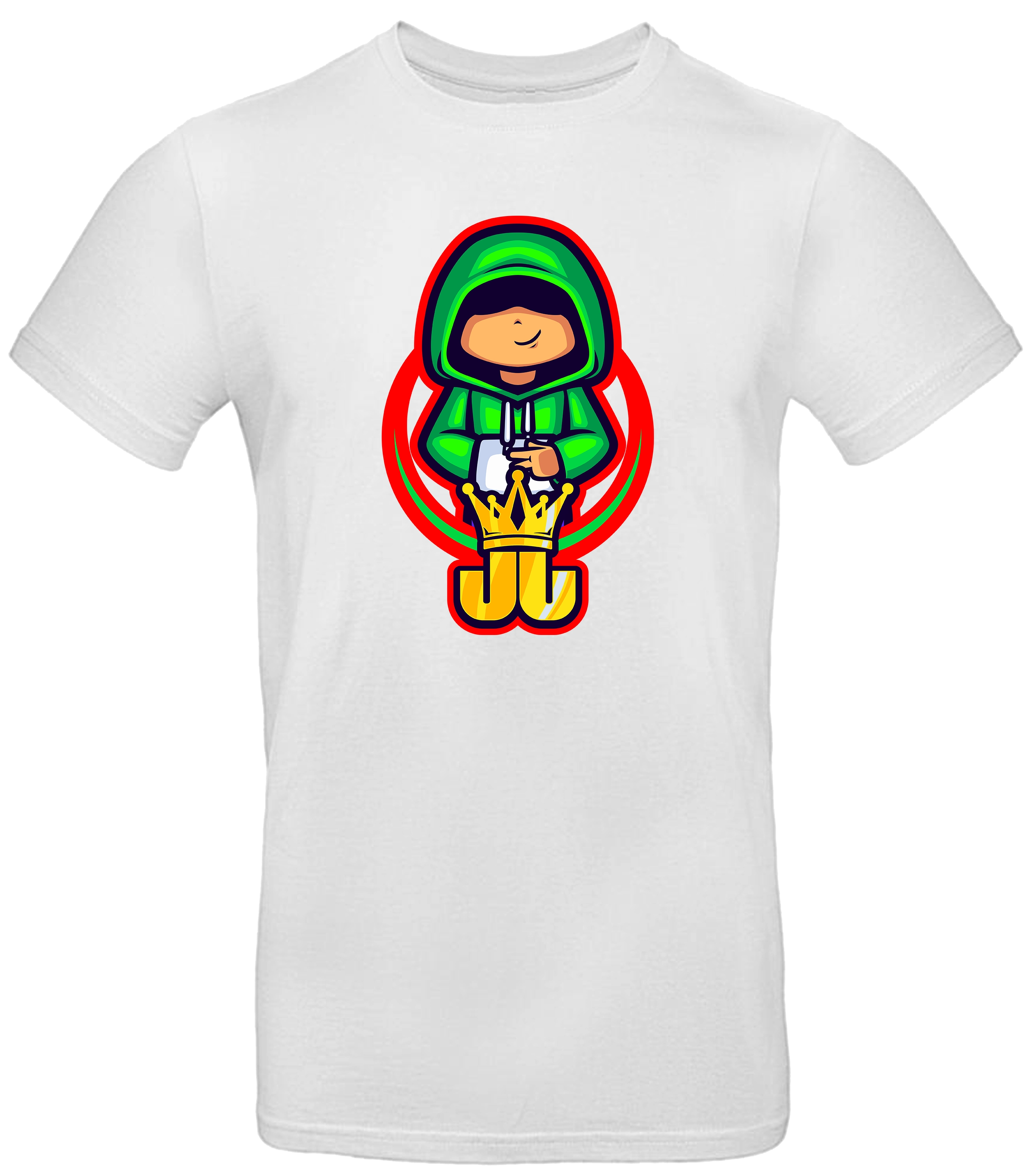 Weißes T-Shirt mit Jo Jonas Peace-Motiv – verspieltes Design mit grünem Hoodie-Charakter und goldener Krone für junge Gamer:innen.

