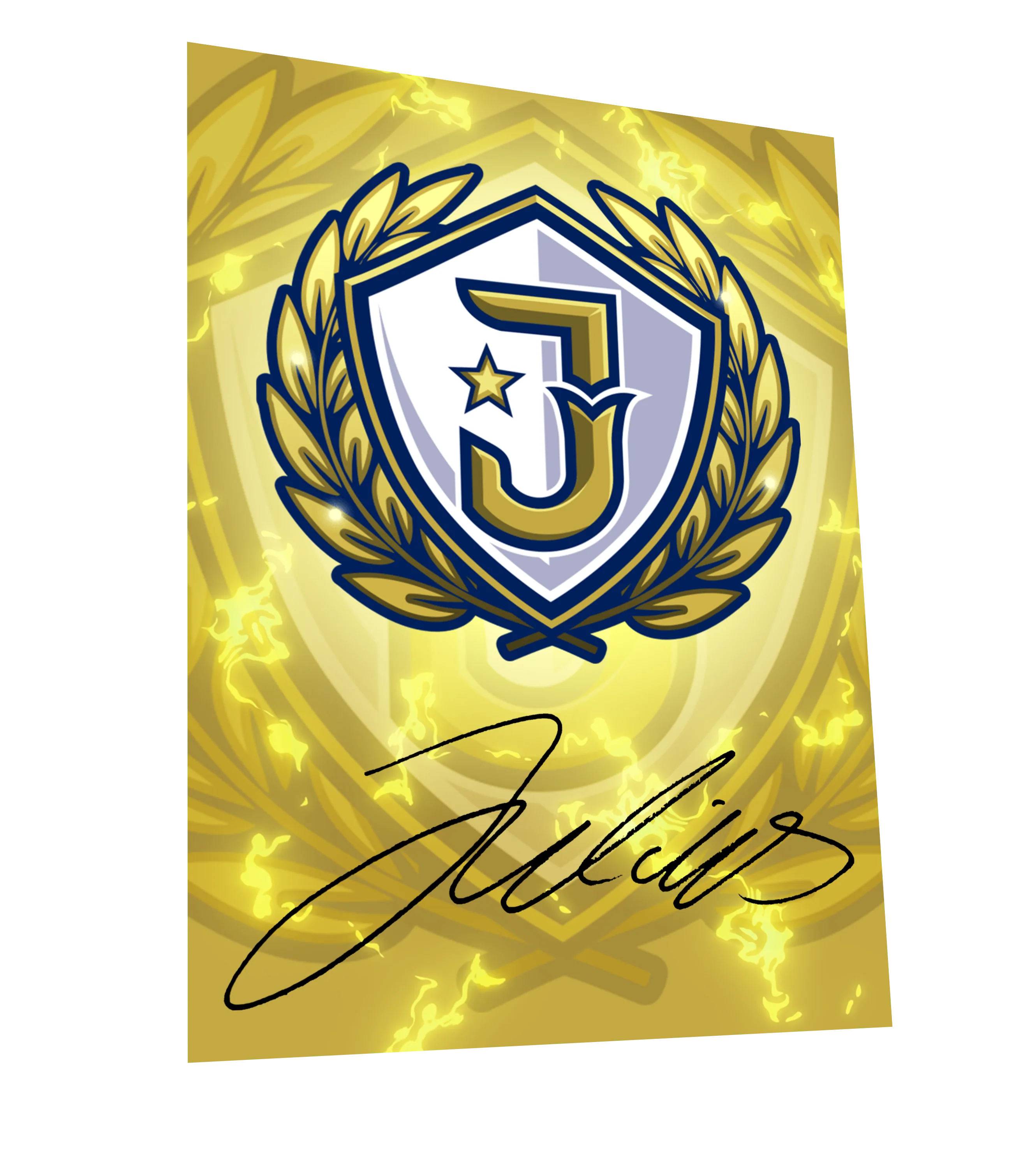 Goldene Julius Autogrammkarte mit Emblem und schwarzer Unterschrift auf gelbem Hintergrund mit Blitzeffekt.


