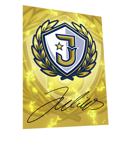 Goldene Julius Autogrammkarte mit Emblem und schwarzer Unterschrift auf gelbem Hintergrund mit Blitzeffekt.

