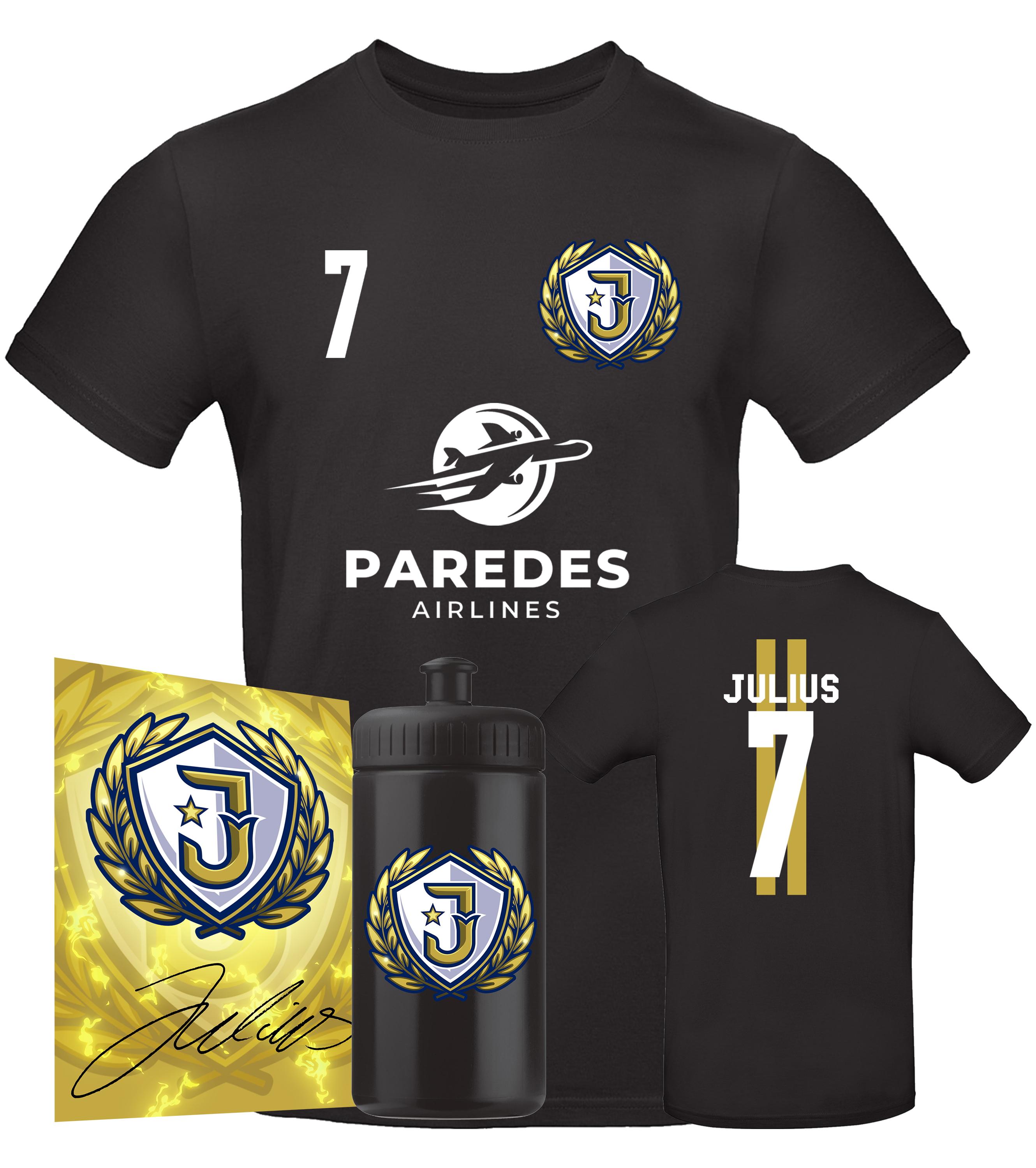 Merchandise-Bundle von Julius mit schwarzem Trikot und Rückennummer 7, Trinkflasche mit Logo und goldener Autogrammkarte.

