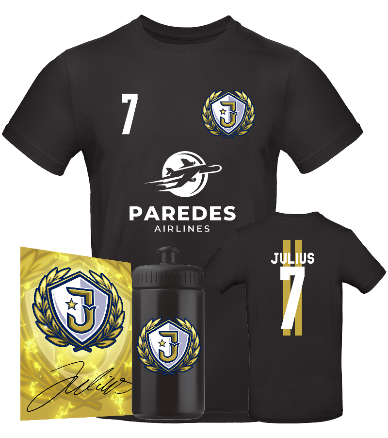 Merchandise-Bundle von Julius mit schwarzem Trikot und Rückennummer 7, Trinkflasche mit Logo und goldener Autogrammkarte.

