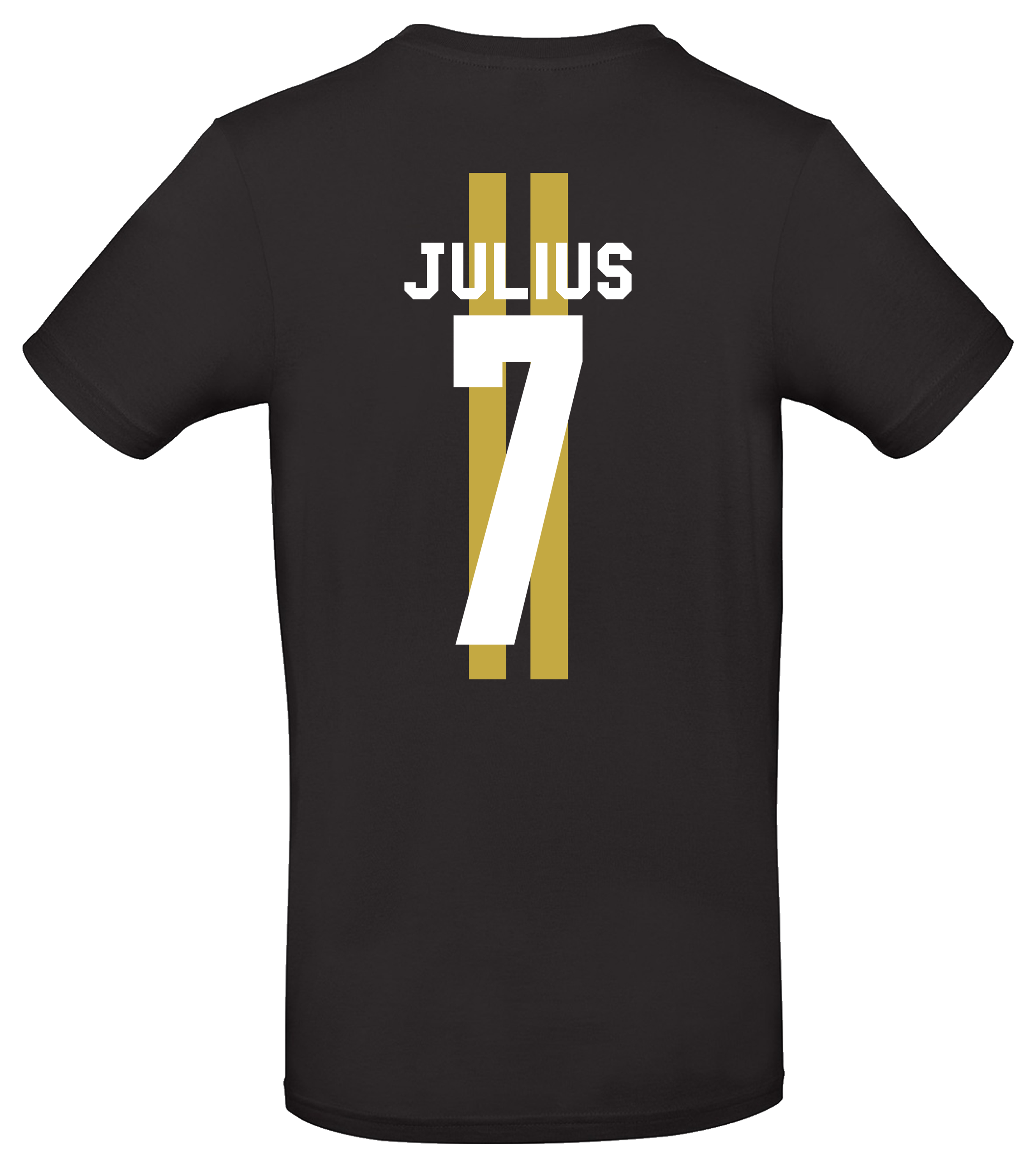 Schwarzes Julius Trikot mit Rückendruck: Name Julius und Nummer 7 in Weiß mit goldenen Streifen.

