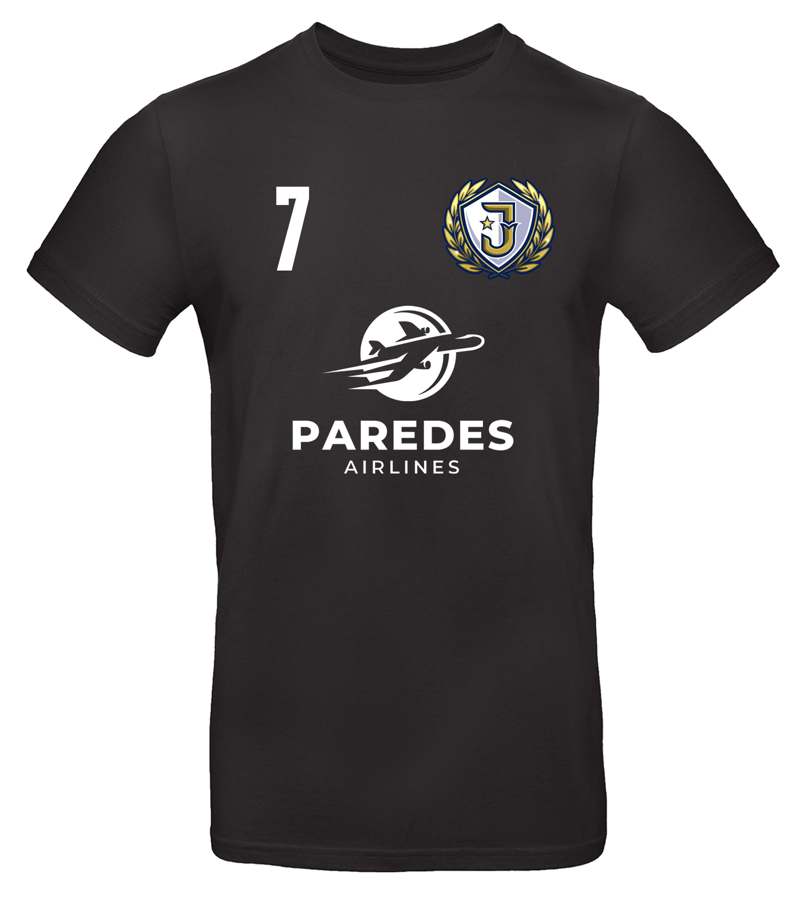 Schwarzes Julius Trikot mit der Nummer 7, Paredes Airlines Logo und Vereinswappen auf der Vorderseite.

