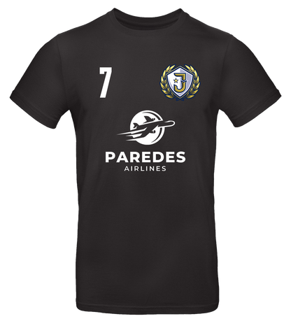 Schwarzes Julius Trikot mit der Nummer 7, Paredes Airlines Logo und Vereinswappen auf der Vorderseite.

