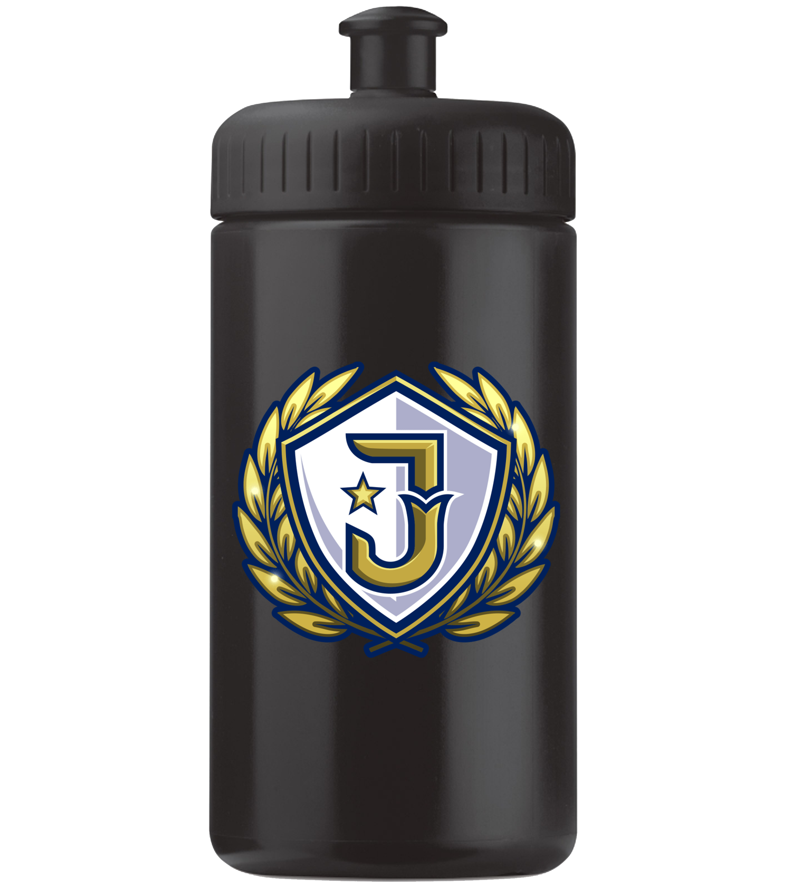Schwarze Julius Trinkflasche mit großem gold-blauen Emblem auf der Vorderseite.

