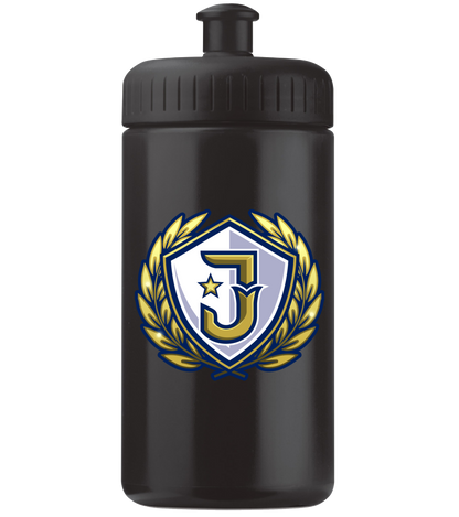 Schwarze Julius Trinkflasche mit großem gold-blauen Emblem auf der Vorderseite.

