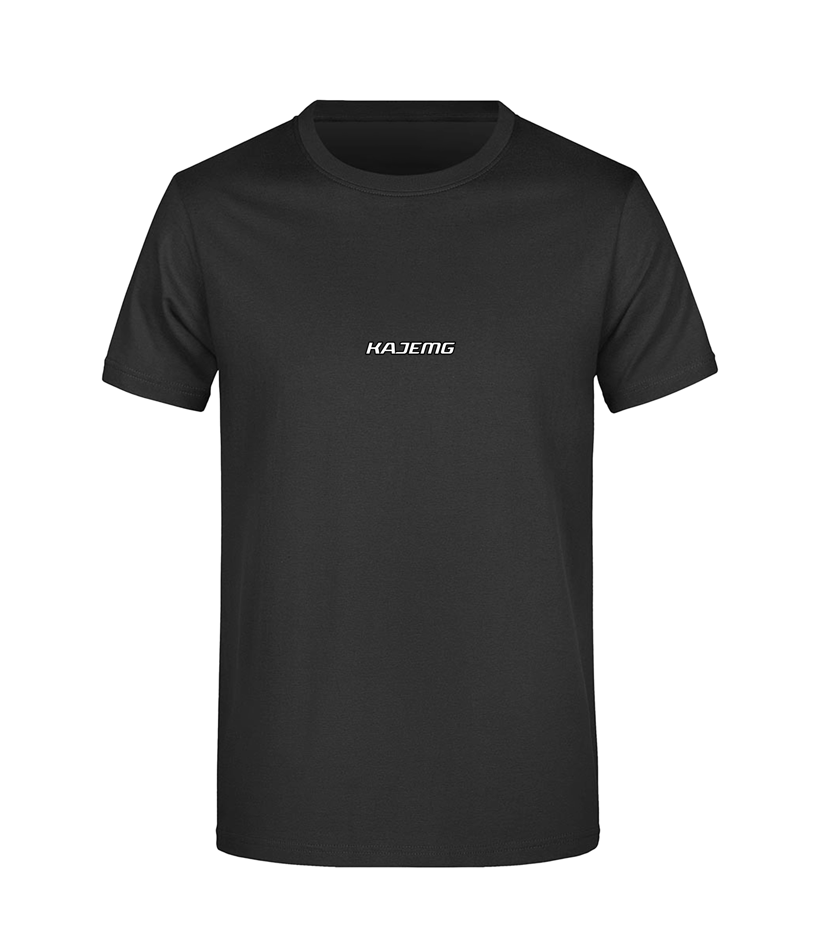 Schwarzes T-Shirt mit schlichtem weißen „KAJEMG“-Schriftzug auf der Vorderseite in Brusthöhe. Minimalistisches Motorsport-Design für Fans und Streetwear-Look.